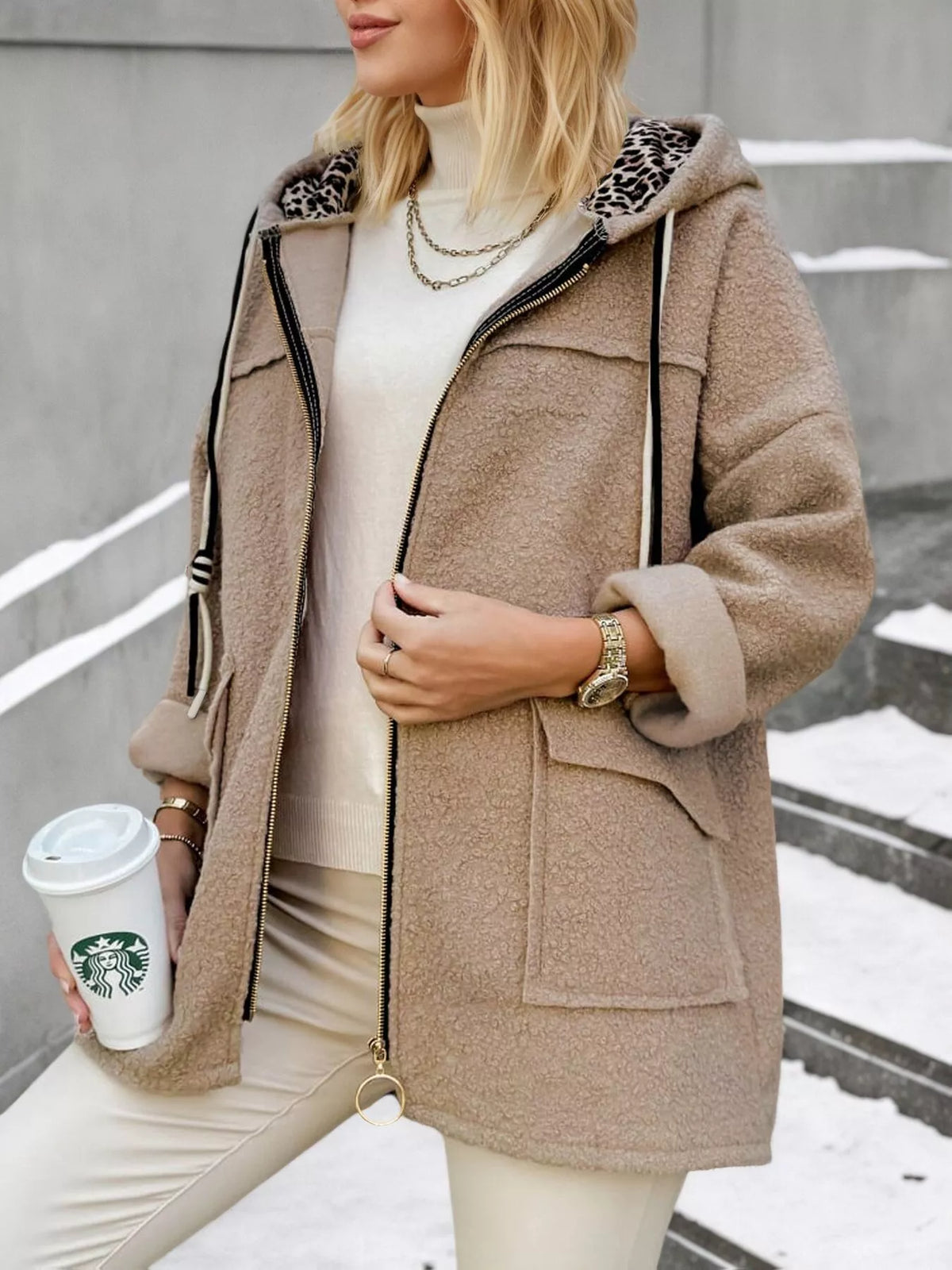 Khaki Fleece Zip-Up Hooded Jacket with Pockets front lifestyle view