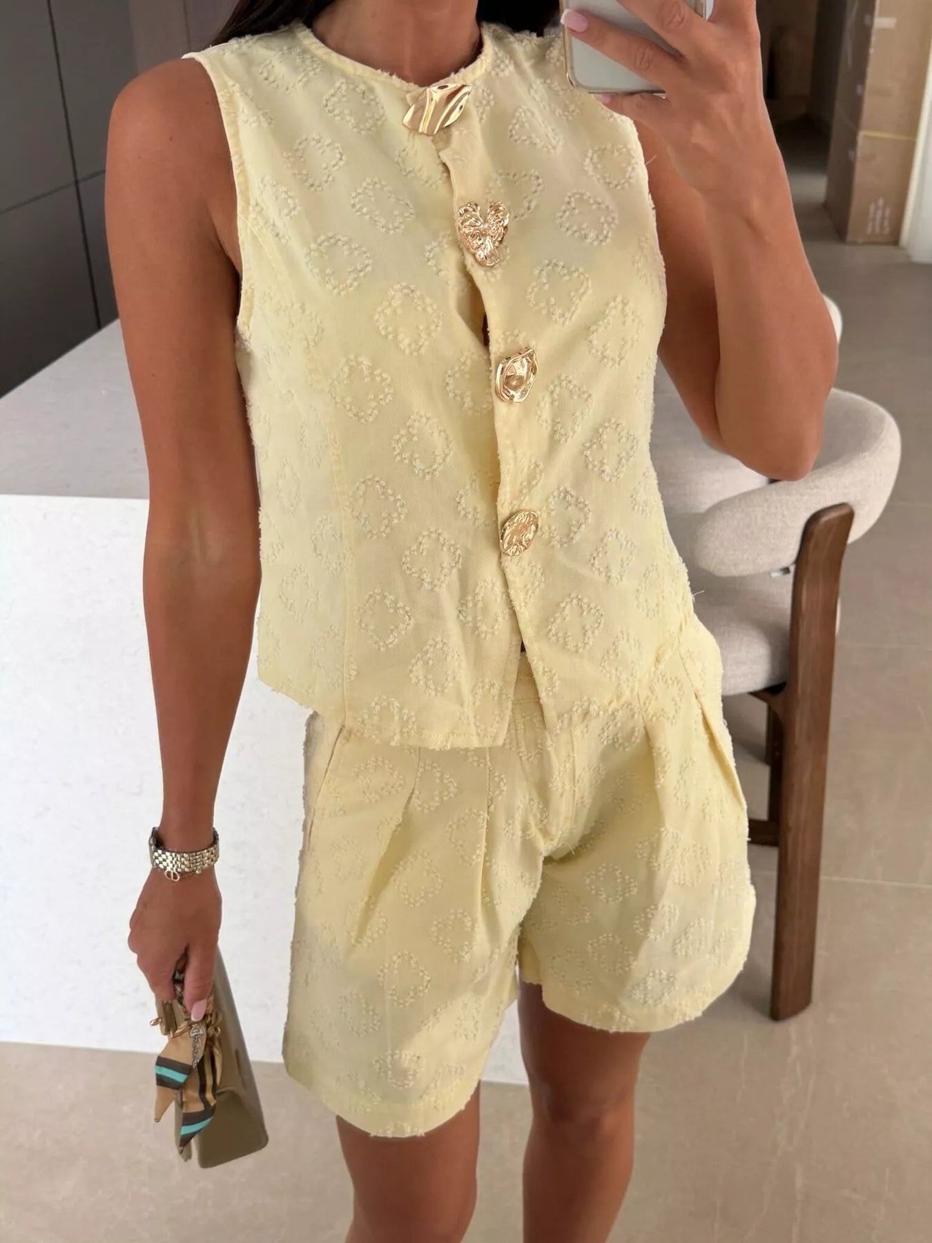 Trendsi Embossed Vest and Shorts Denim Set with Gold-Tone Buttons -