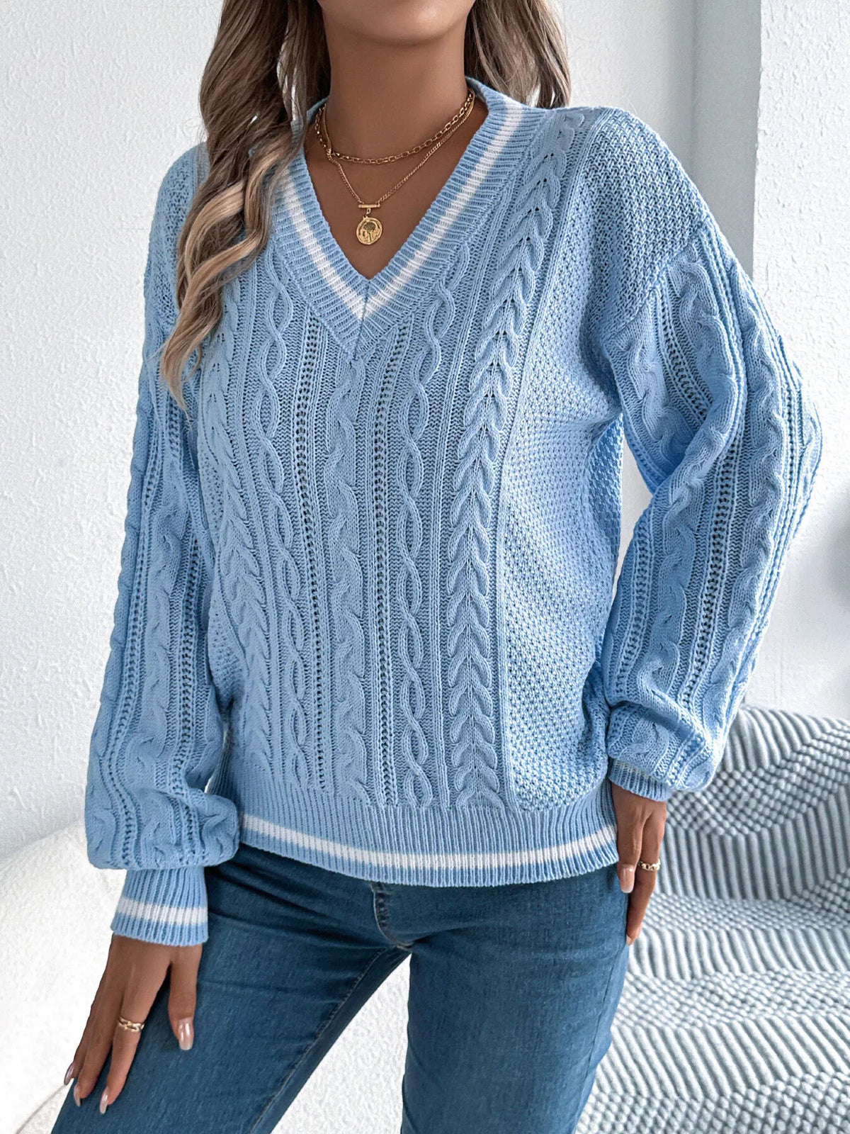 V-Neck Cable Knit Sweater with Striped Trim in blue, front view