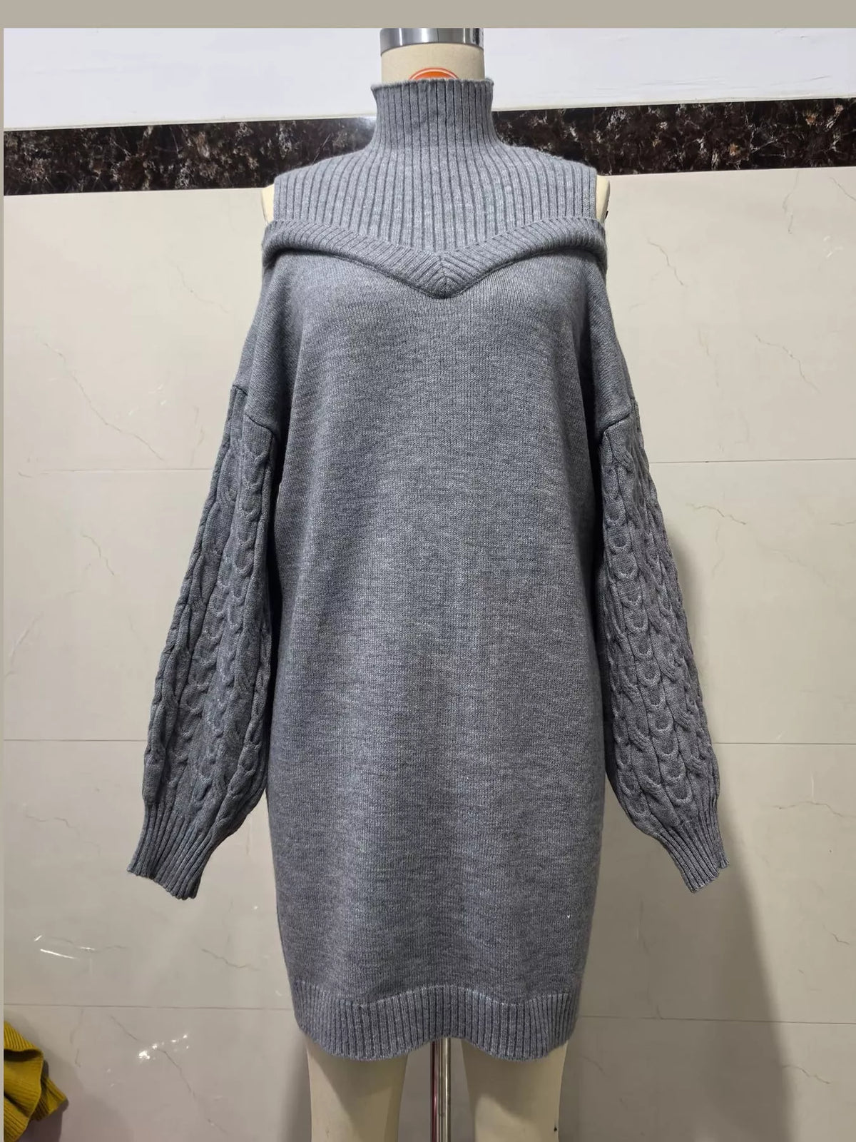 Gray cold shoulder cable knit mock neck sweater dress, front view