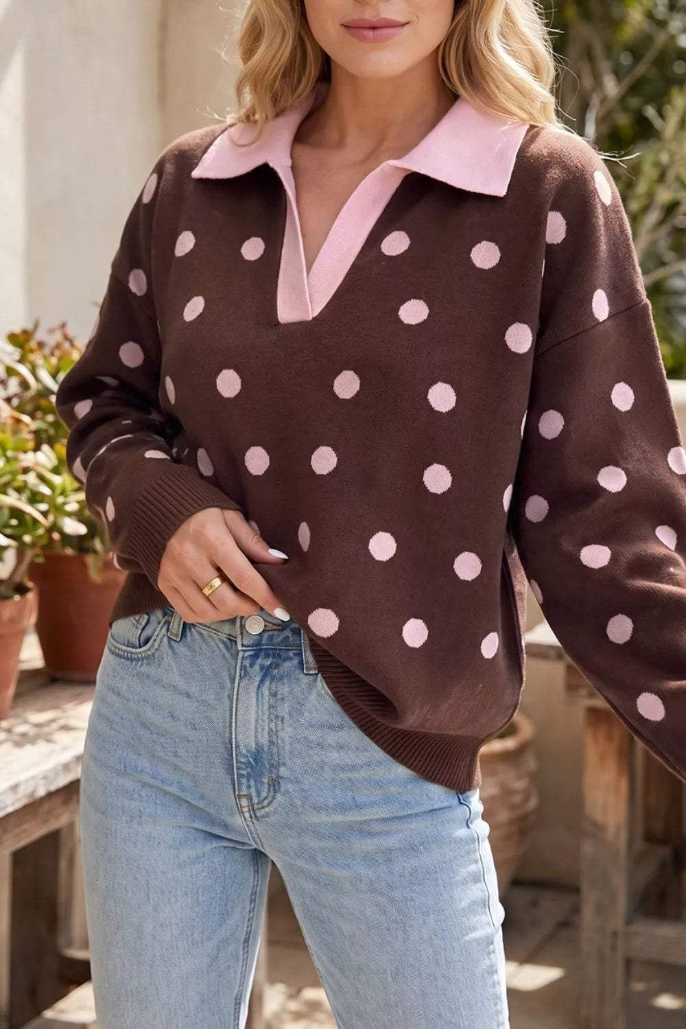 Trendsi Polka Dot Pattern Color Block Collared Loose Pullover Sweater -