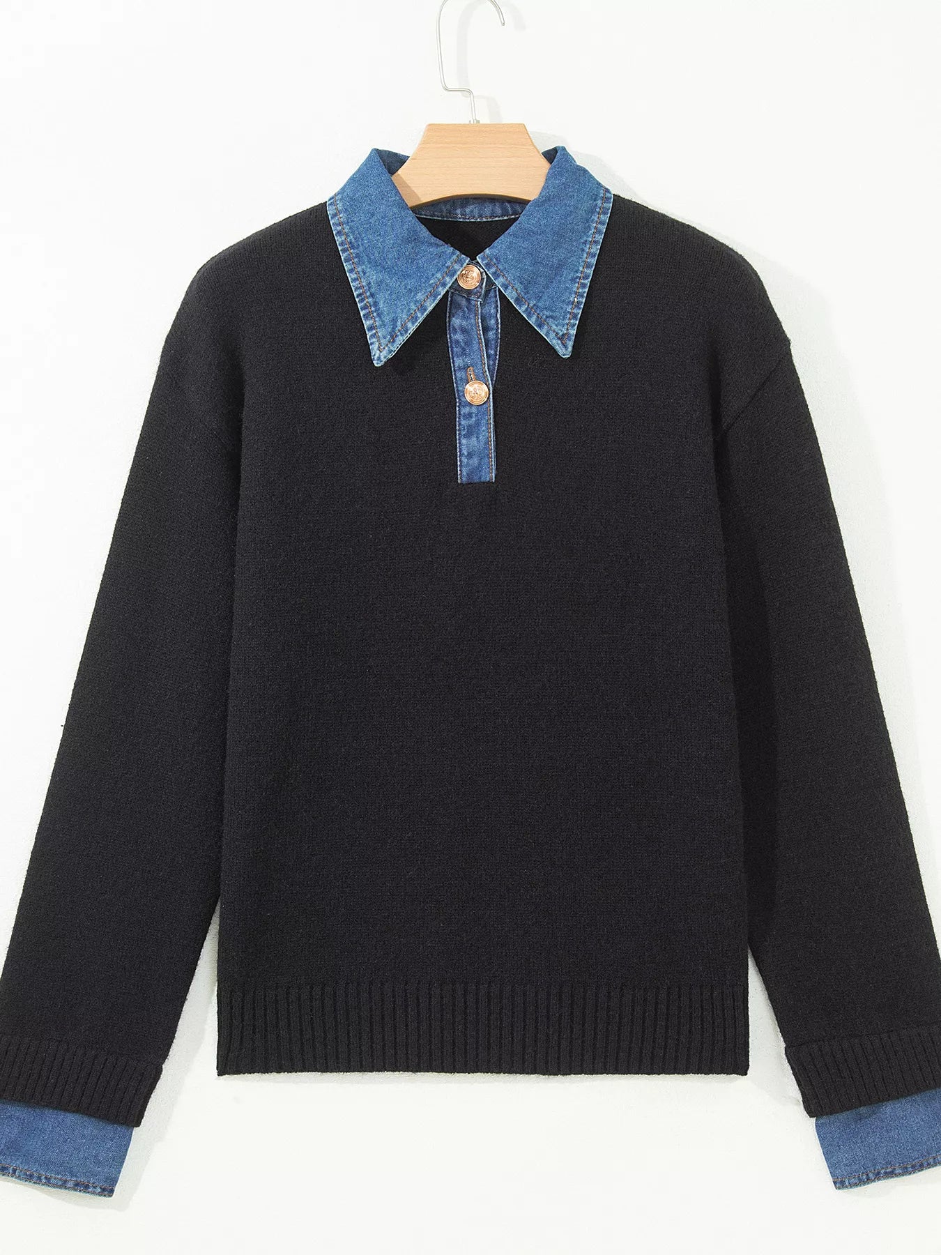 Trendsi Denim Patchwork Collar Cuffed Casual Sweater -