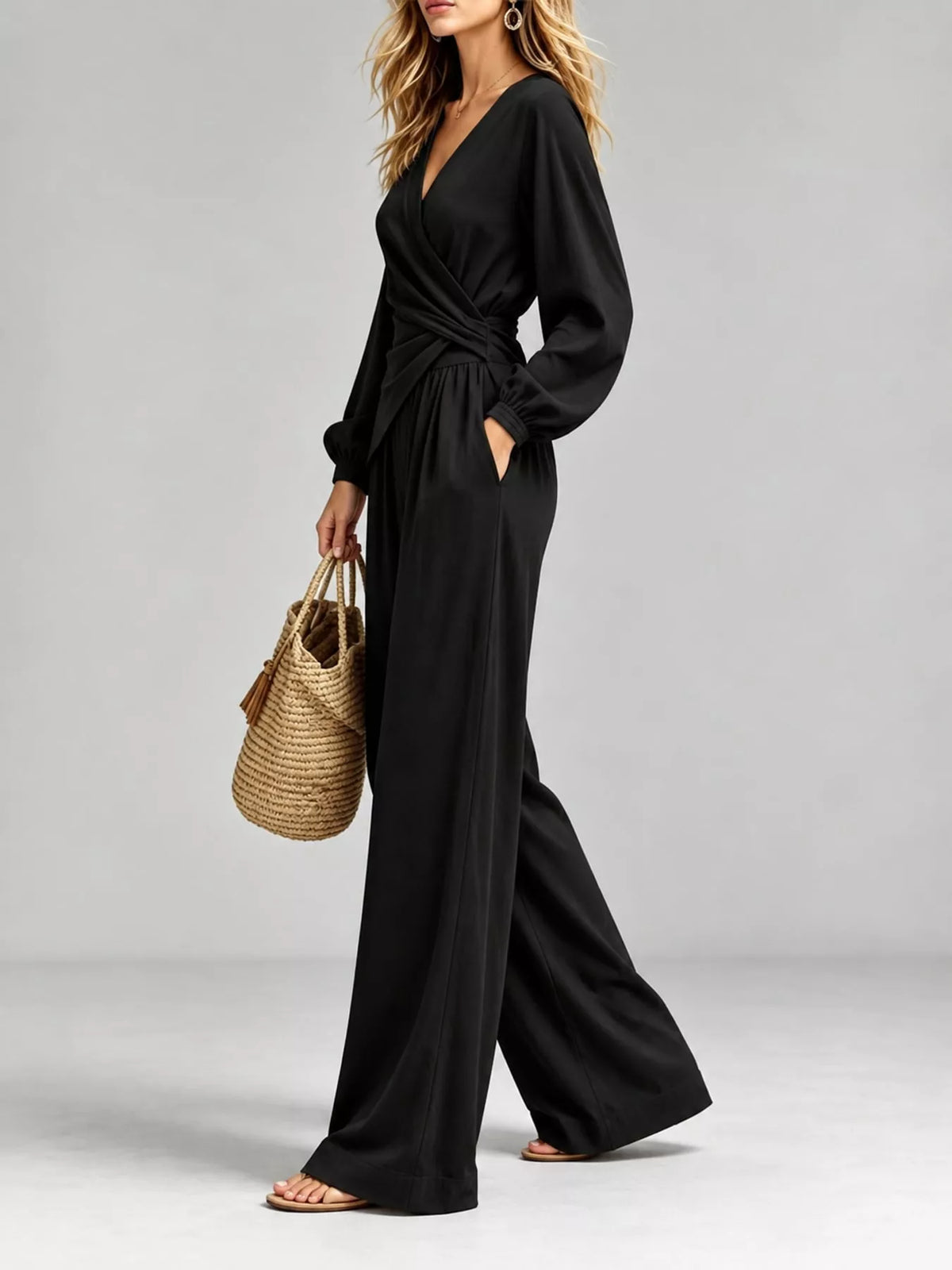 V-Neck Long Sleeve Top and Wide-Leg Pants Set — side view