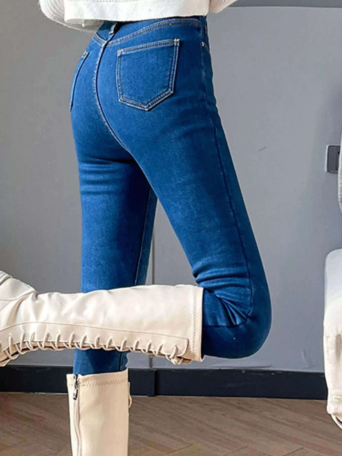 High-Waisted Slim-Fit Stretch Fleece Jeans — back view