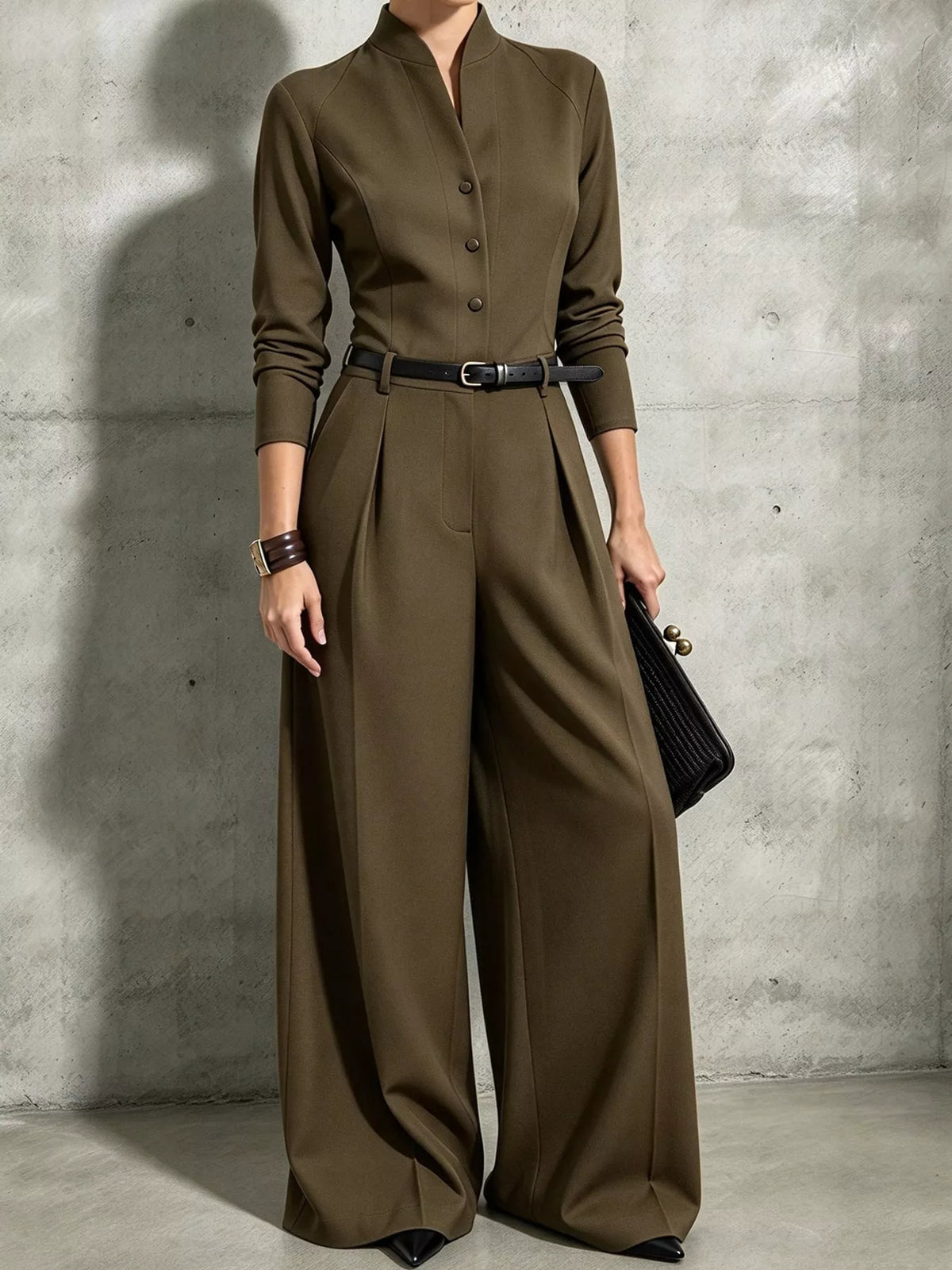 Button Front Wide-Leg Jumpsuit — front view