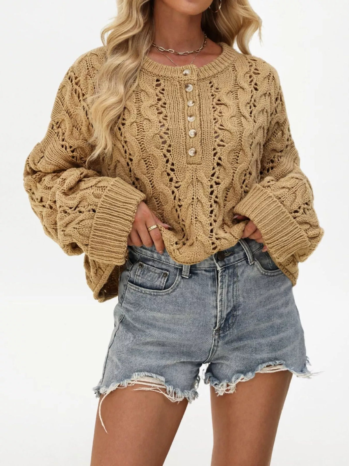 Trendsi Chic Cable Knit Half-Button Openwork Sweater -