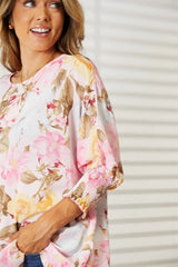 Trendsi Double Take Floral Round Neck Three-Quarter Sleeve Top -