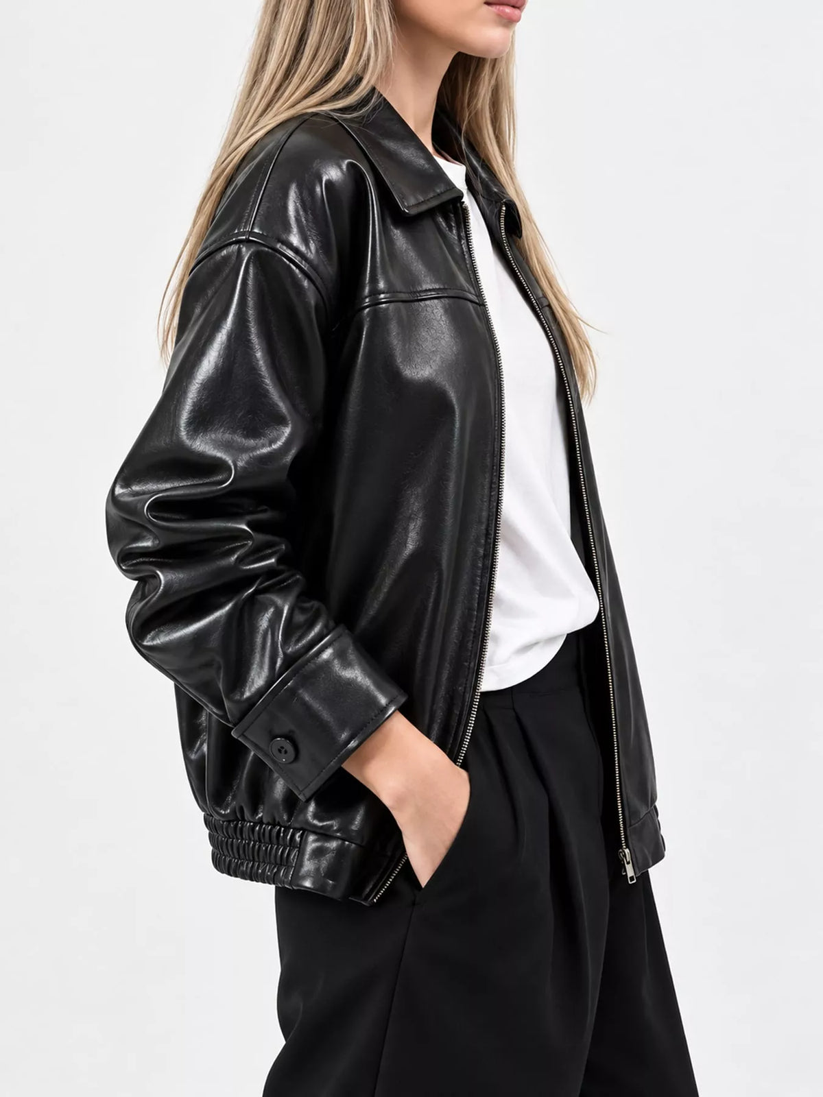 Black zip-up jacket, side view