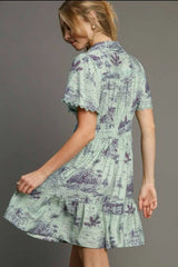 Trendsi Umgee Full Size Landscape Print Collared Mini Dress Plus Size - Dresses