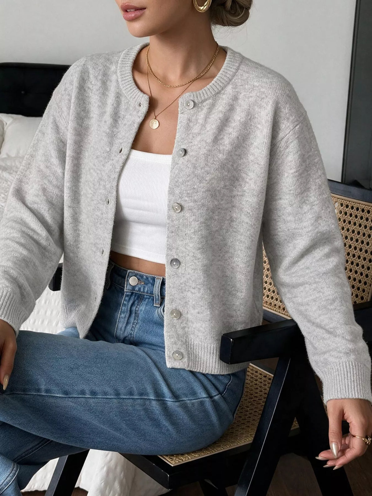 Trendsi Crew Neck Button-Down Cardigan -