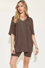 Trendsi Basic Bae Full Size V-Neck Drop Shoulder T-Shirt and Shorts Set -