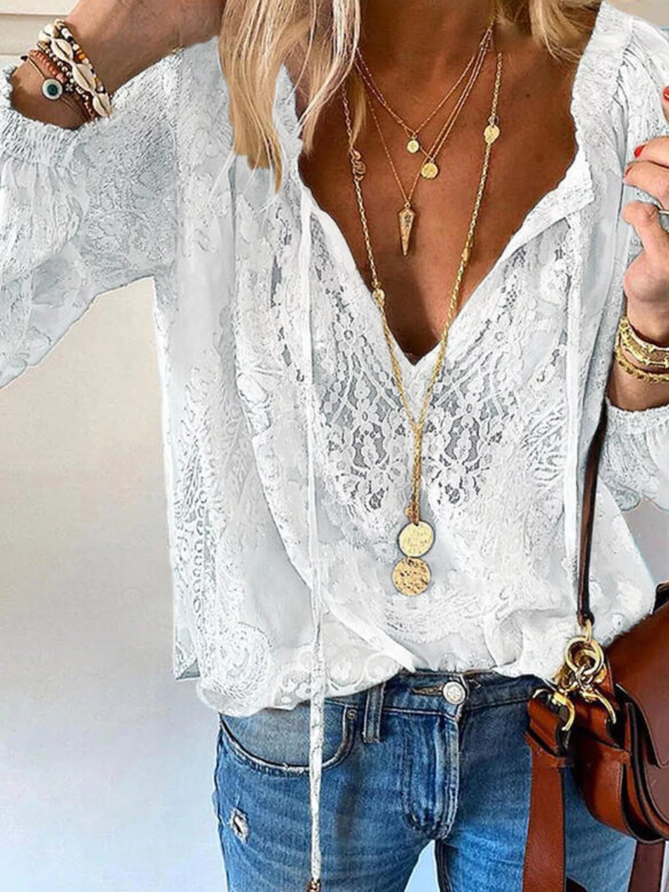 Trendsi Lace Tie Neck Long Sleeve Blouse -