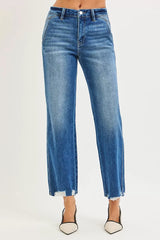 Trendsi RISEN High Rise Ankle Straight Distressed Hem Detail Jeans -