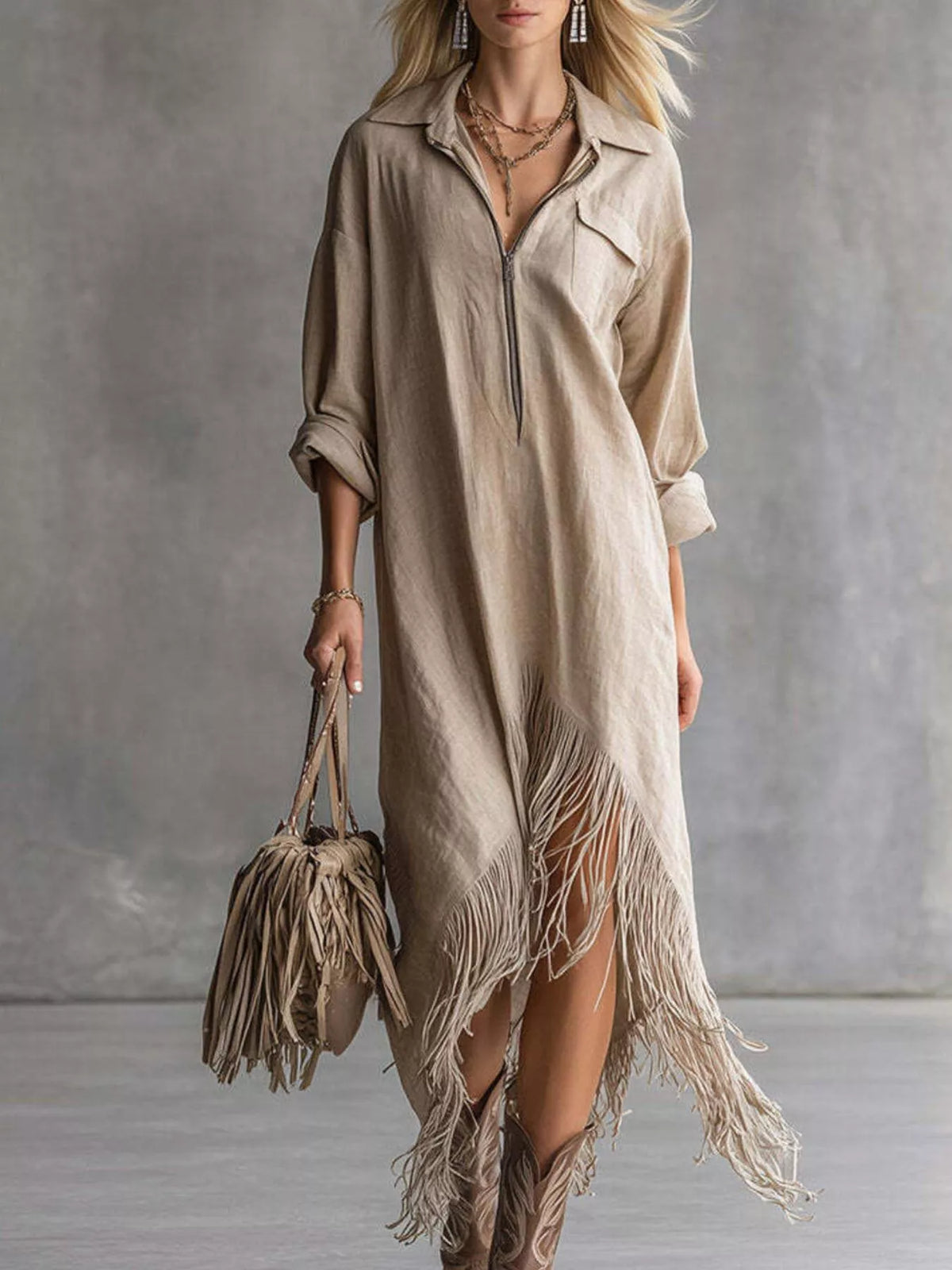 Zipper-Front Fringe Hem Midi Dress in taupe, front view
