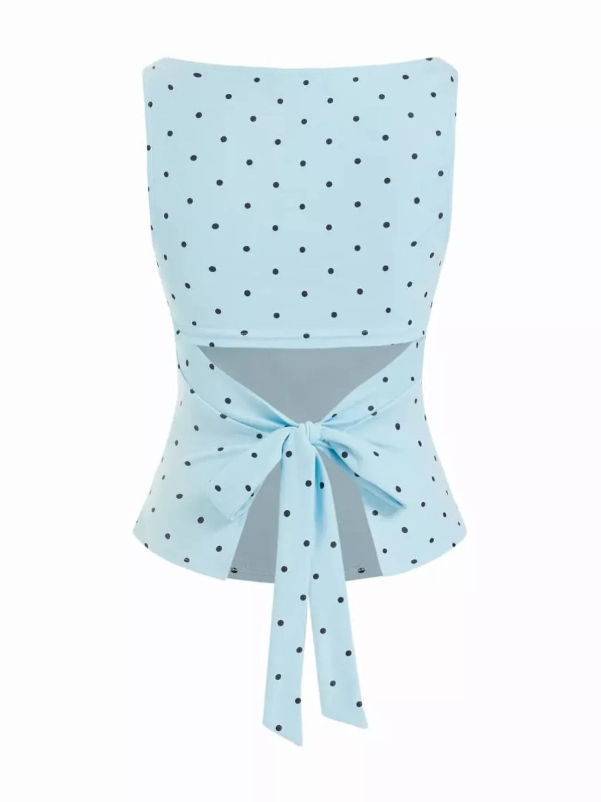 Polka Dot Print Sleeveless Tank Top with Tie Back, back view in light blue and black