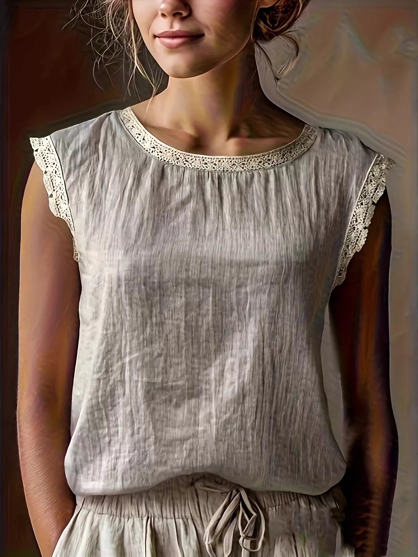 Trendsi Lace Trim Round Neck Sleeveless Blouse -