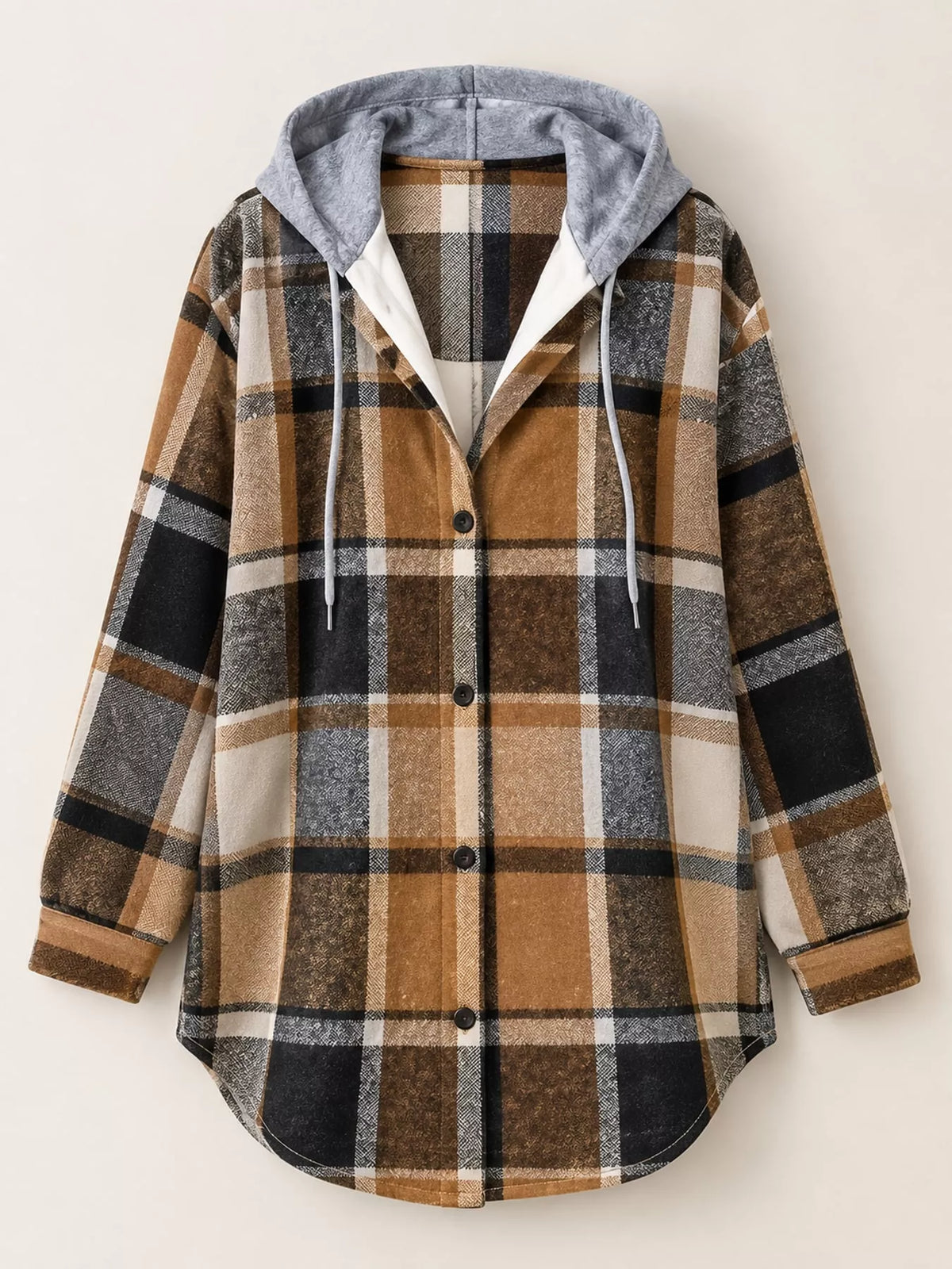 Button-Down Printed Contrast Hooded Shacket — garment front