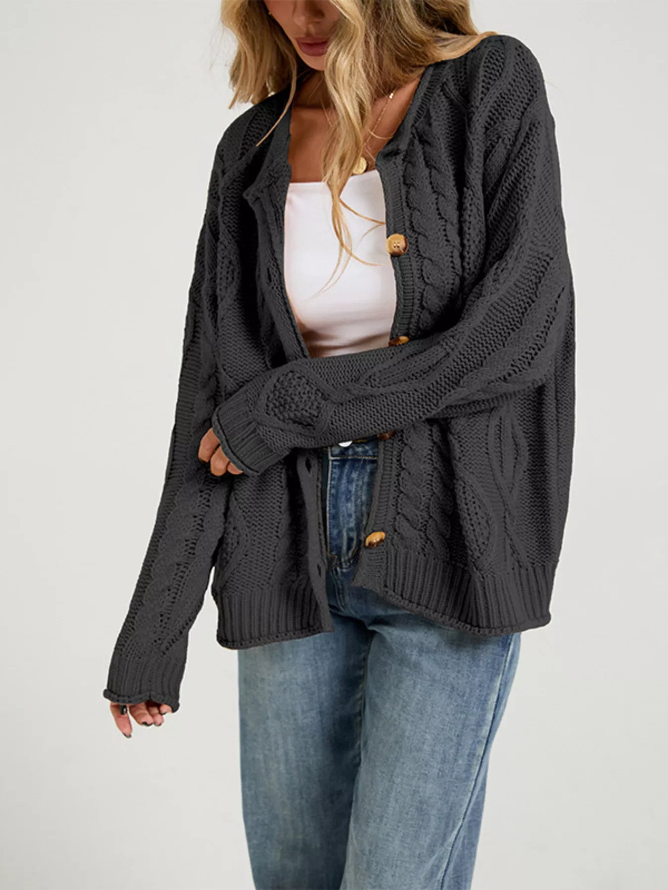 Trendsi Cable-Knit Button-Down Cardigan -
