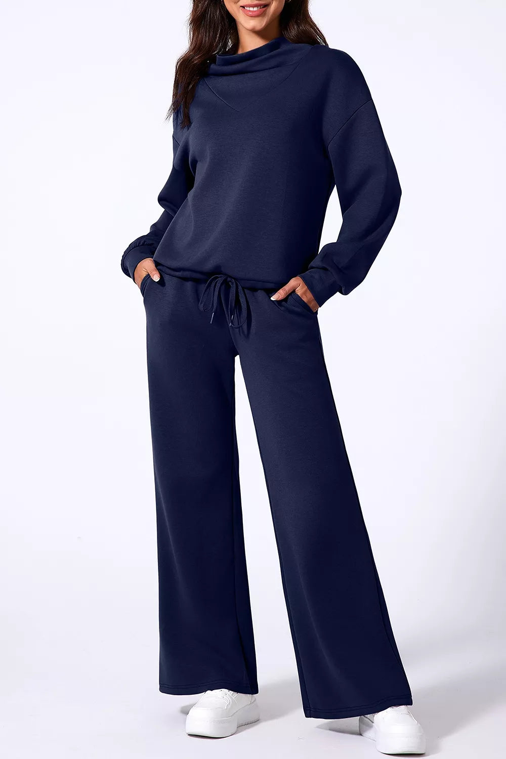 Trendsi Solid Color Cowl Neck Drawstring Pullover Wide Leg Athleisure Pants Set -