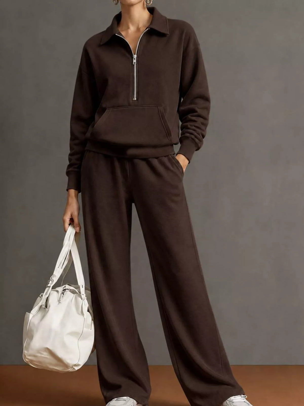 Collared long sleeve outfit set, front view on model