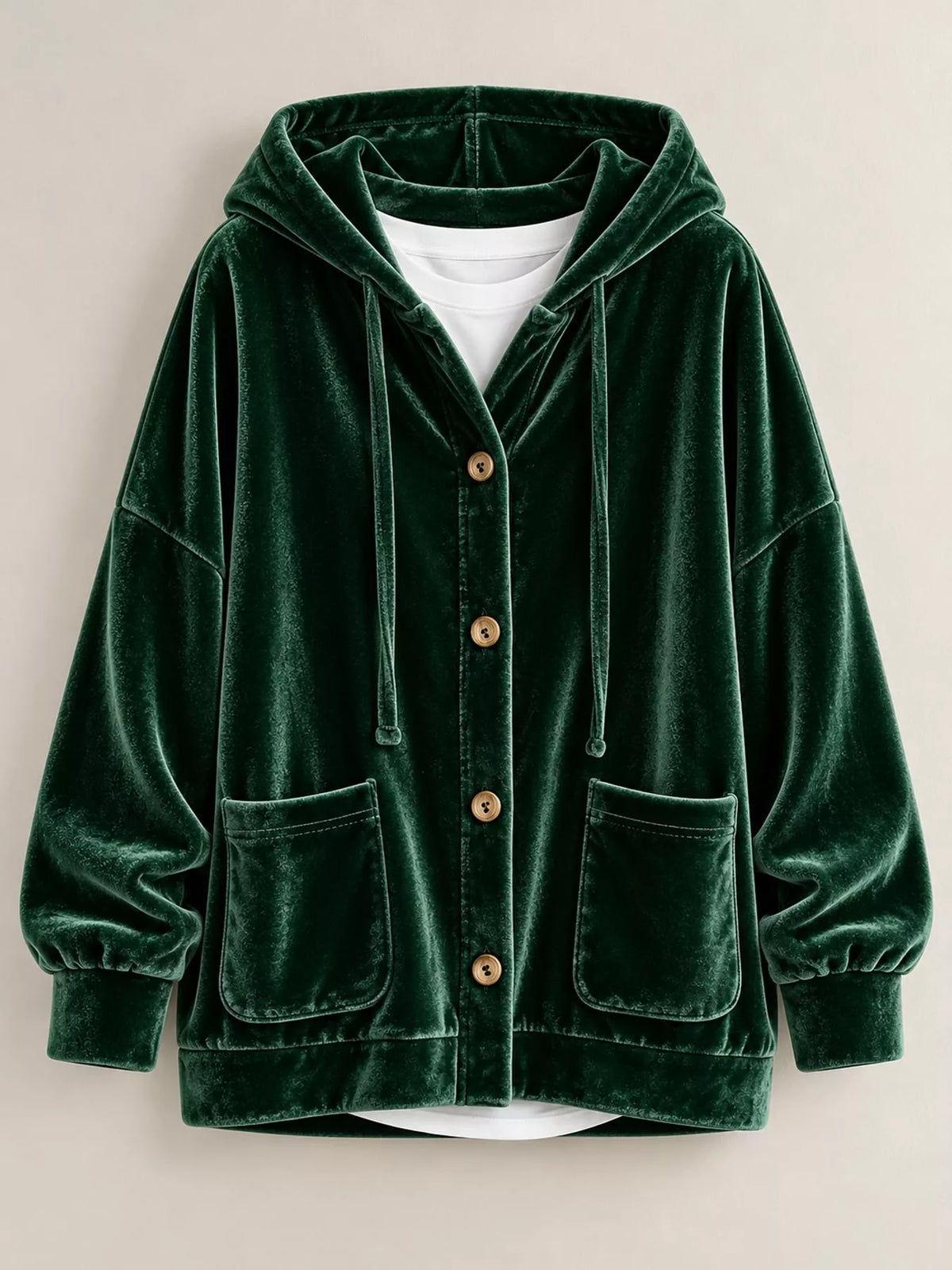 Green velvet dropped shoulder hoodie, front view