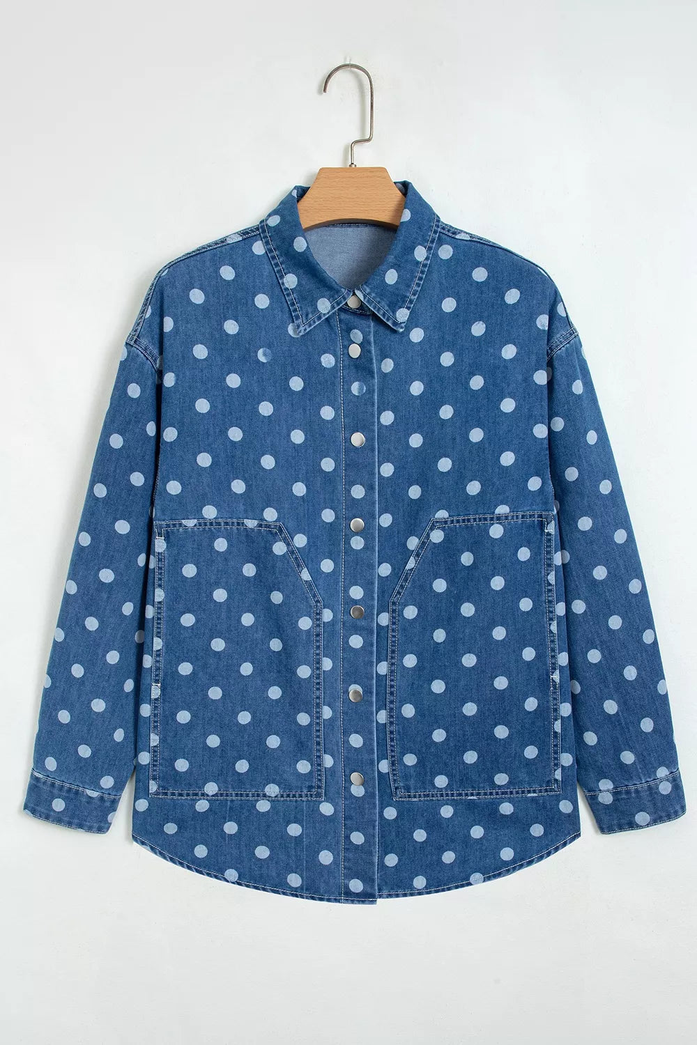 Trendsi Polka Dot Long Sleeve Collar Shift Tunic Denim Jacket -