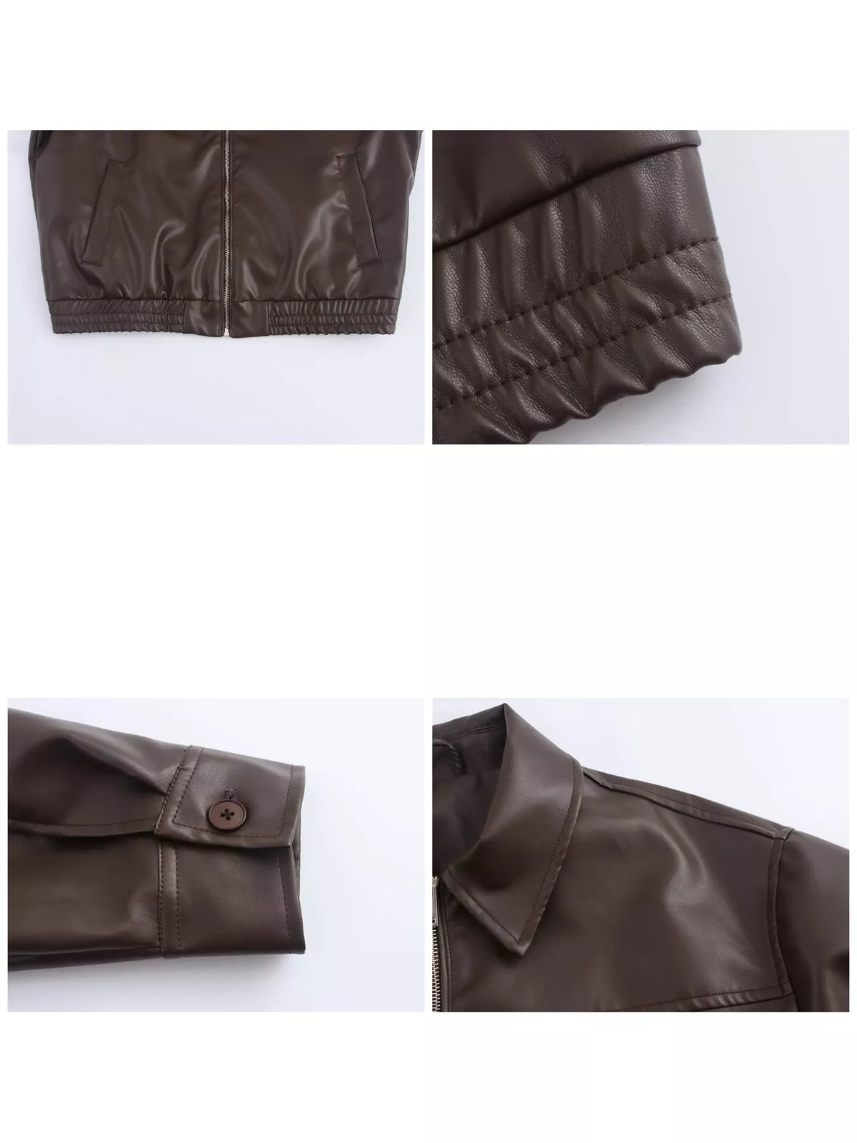 Brown zip-up jacket, elastic hem, buttoned cuff, and collar close-ups