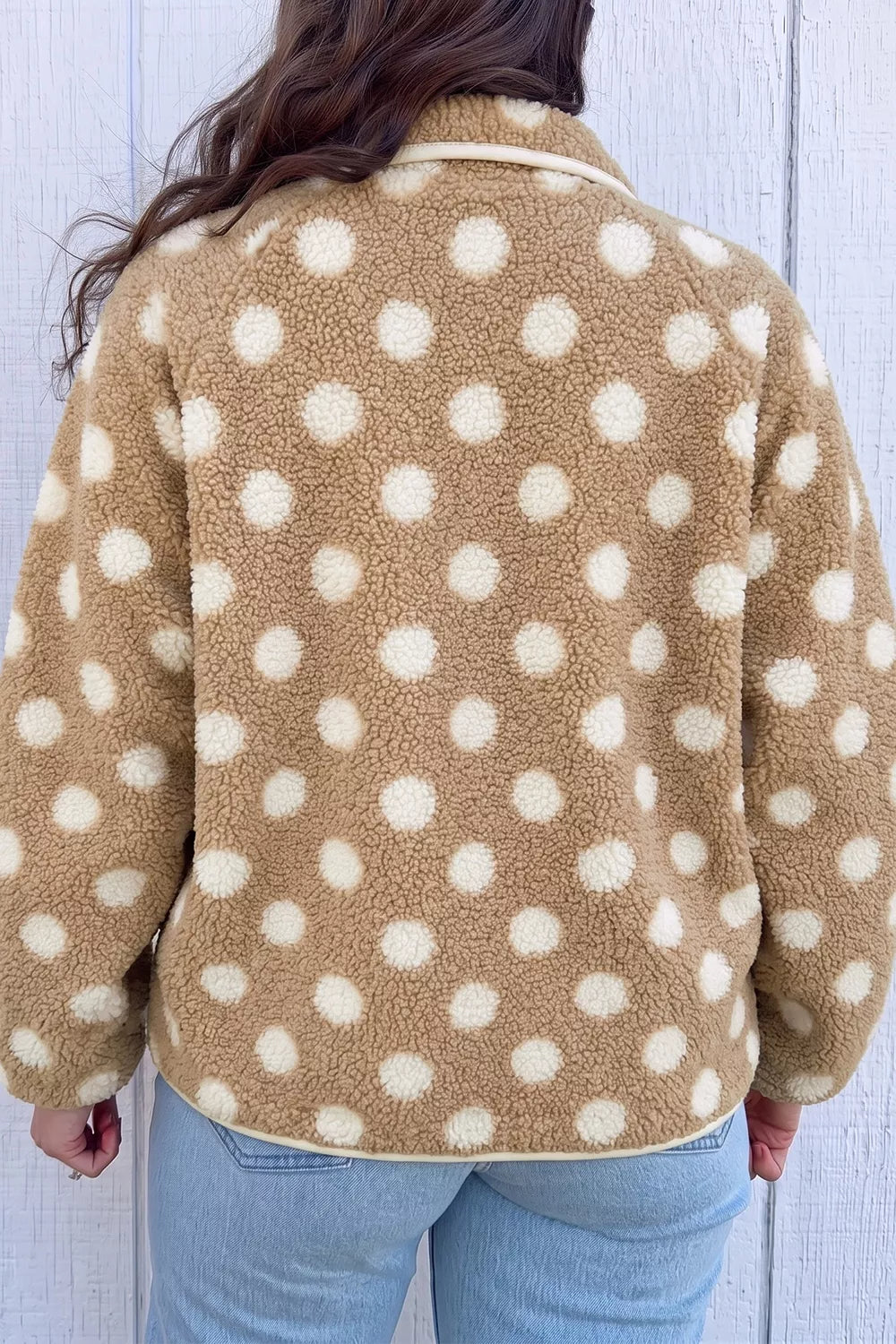 Tan and white polka dot faux fur button-front jacket with zip pockets, back view