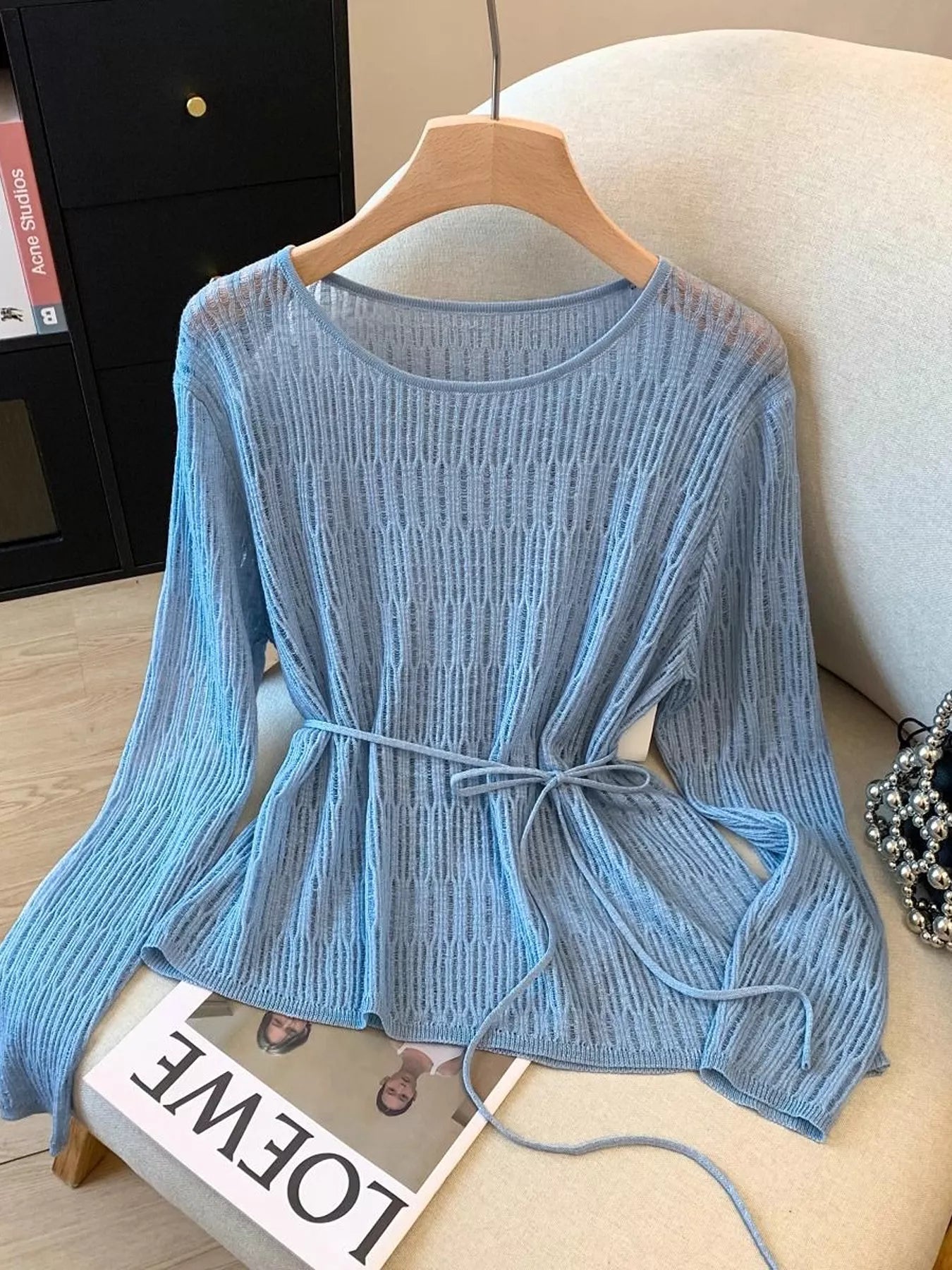 Trendsi Long Sleeve Knit Top with Tie Detail - Shirts