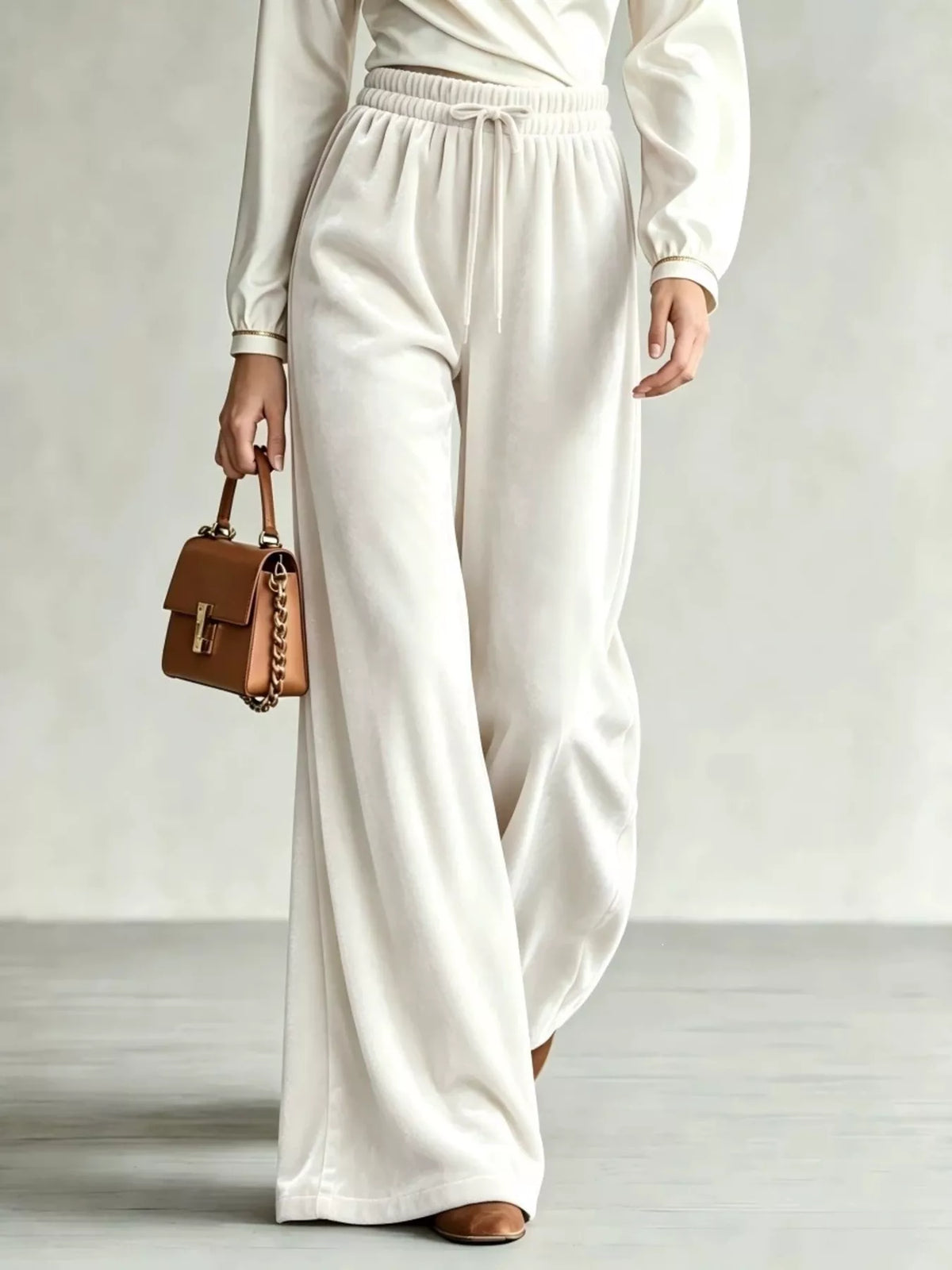 White wide-leg drawstring velvet pants, front view