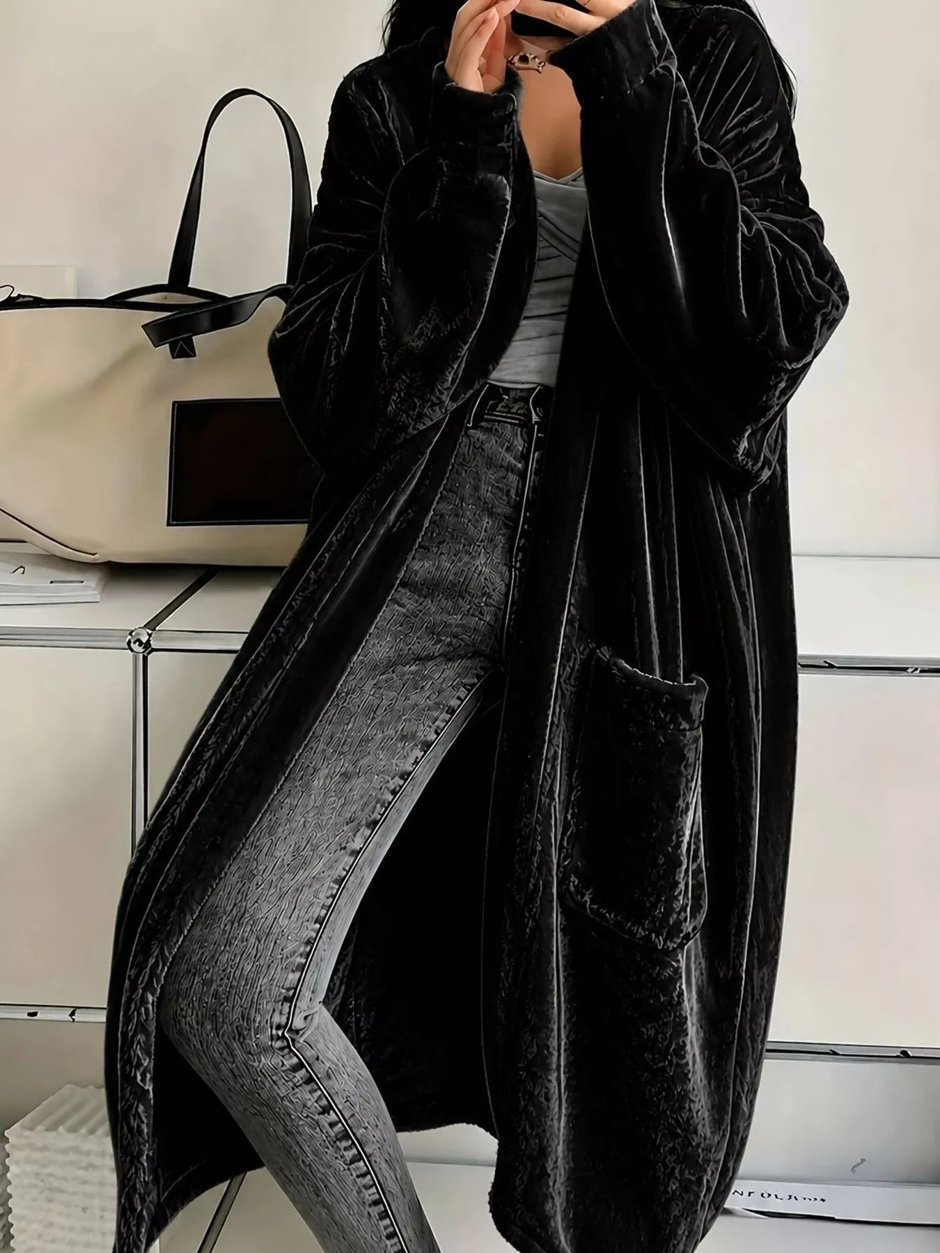 Trendsi Full Size Velvet Open-Front Longline Outerwear Plus Size -