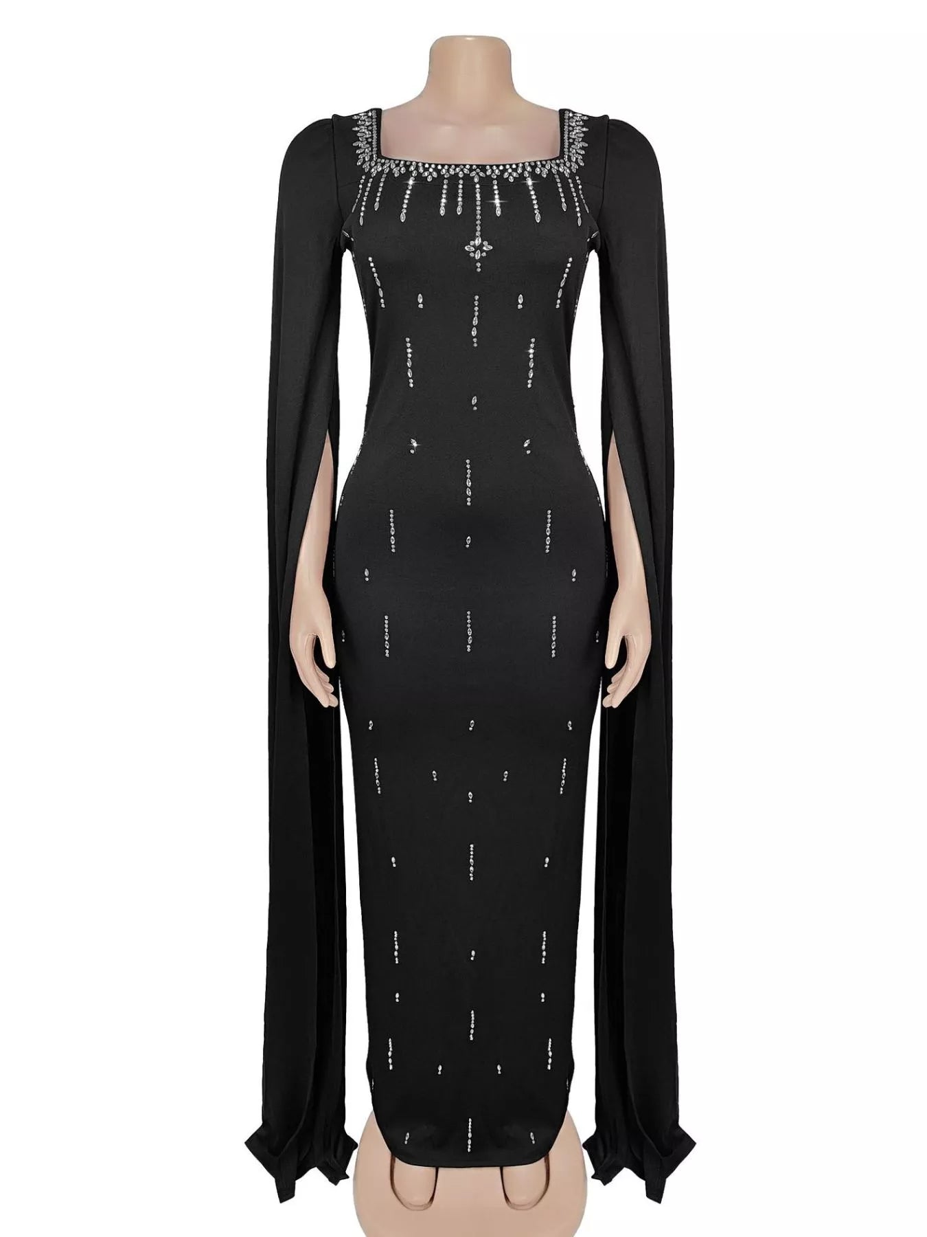 Trendsi Rhinestone Square Neck Slit Sleeve Maxi Dress -