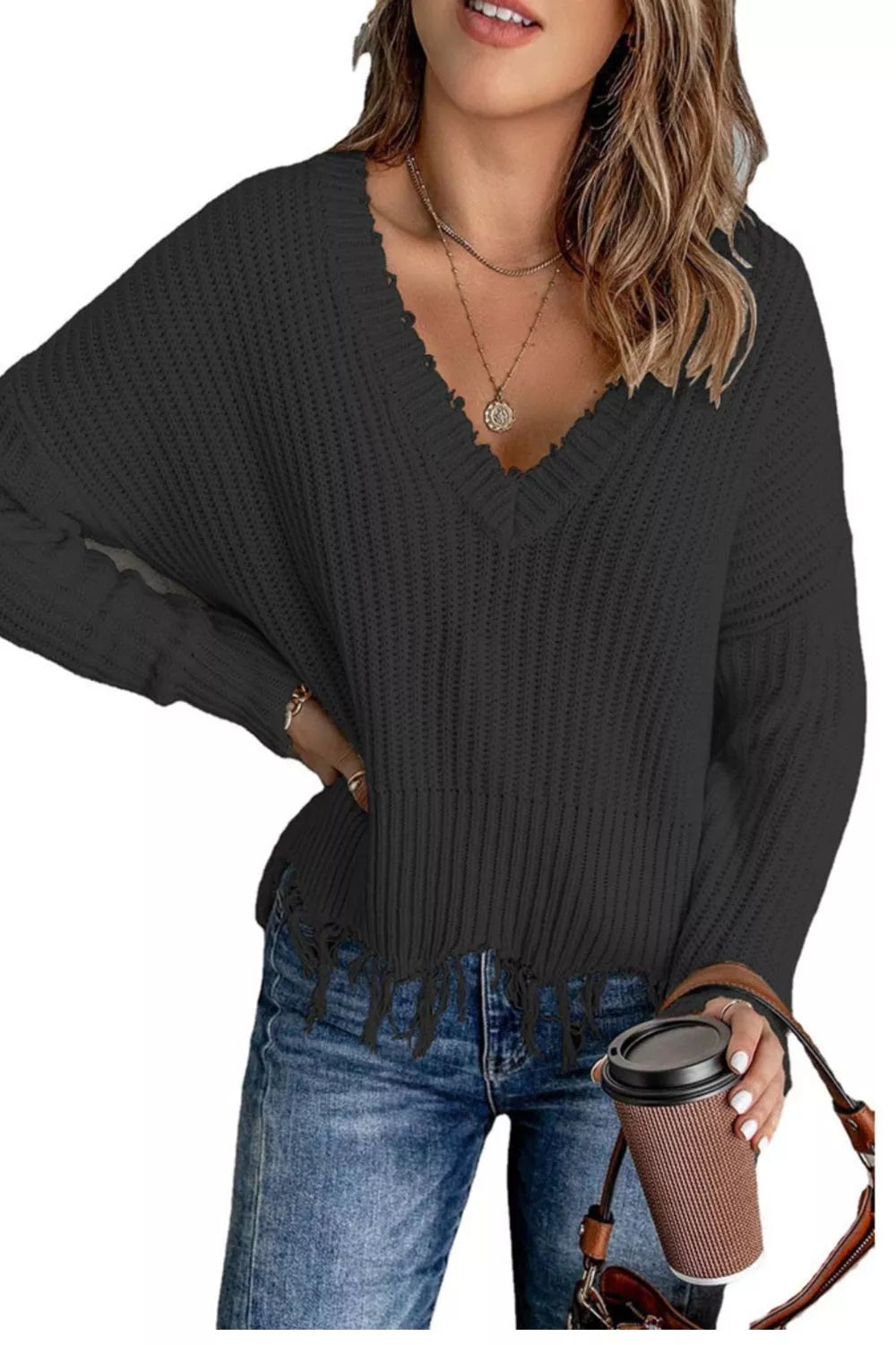 Black raw-hem v-neck sweater