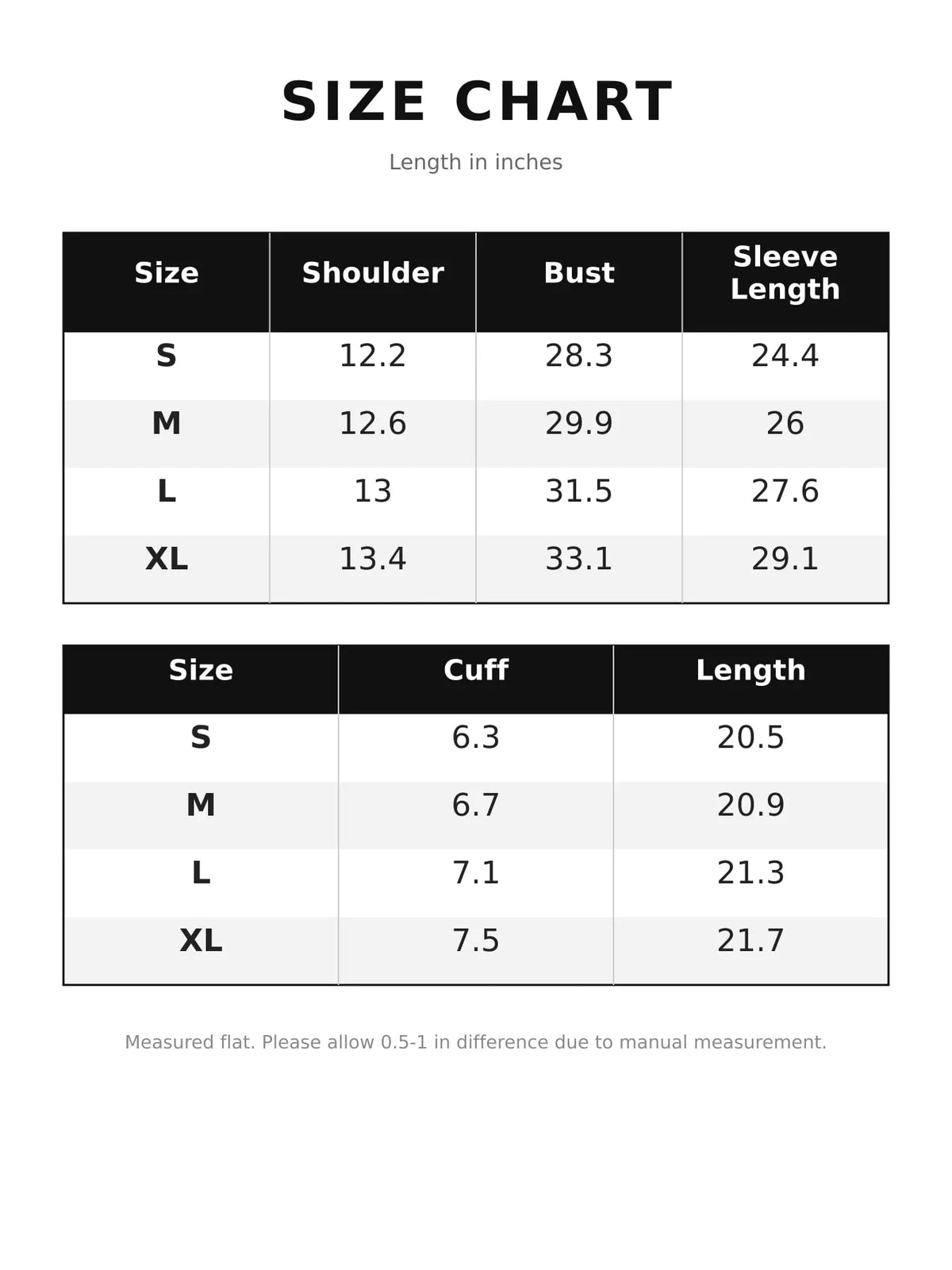 Size chart for button detail long sleeve t-shirt