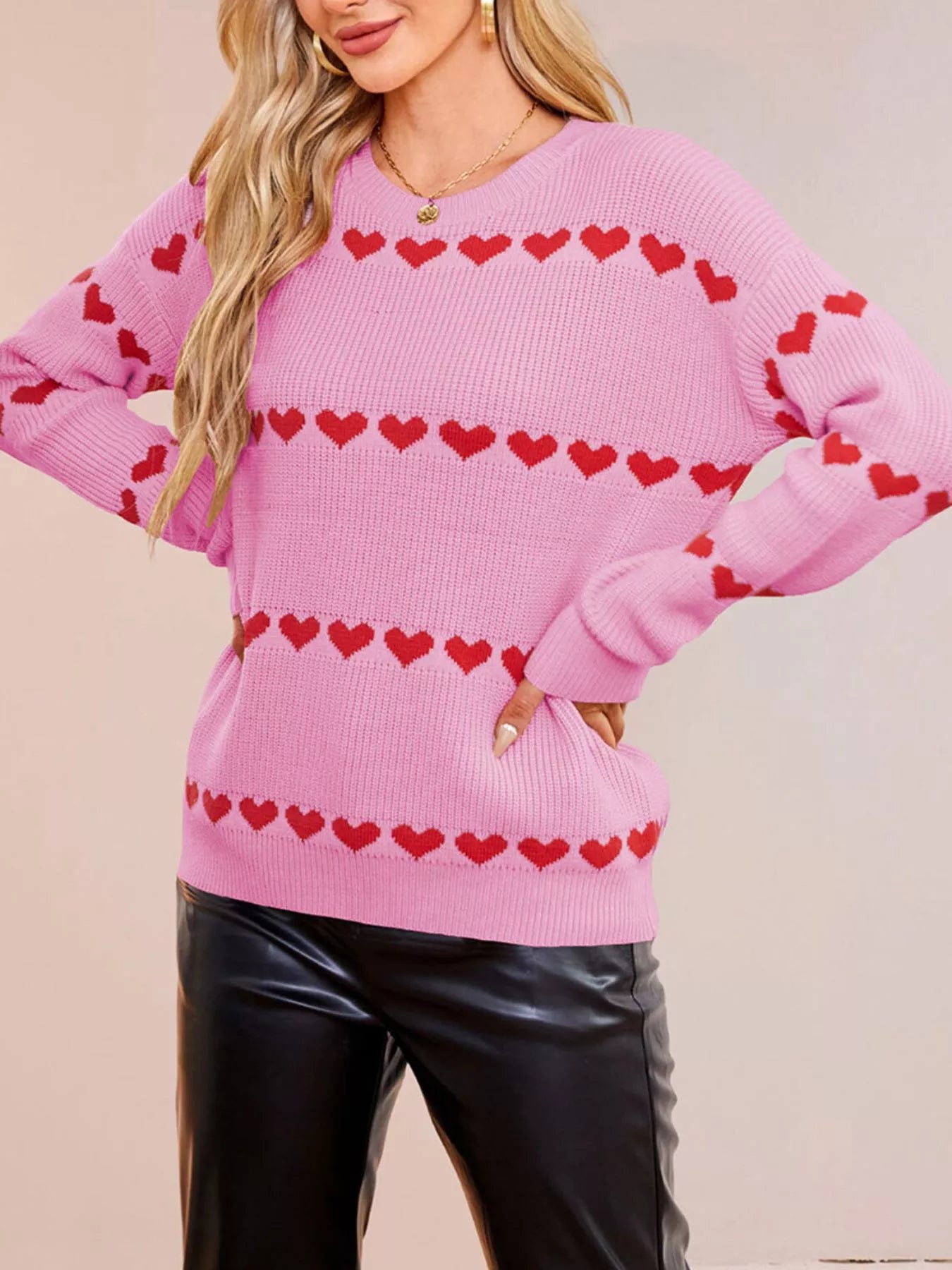 Trendsi Heart Pattern Dropped Shoulder Sweater -