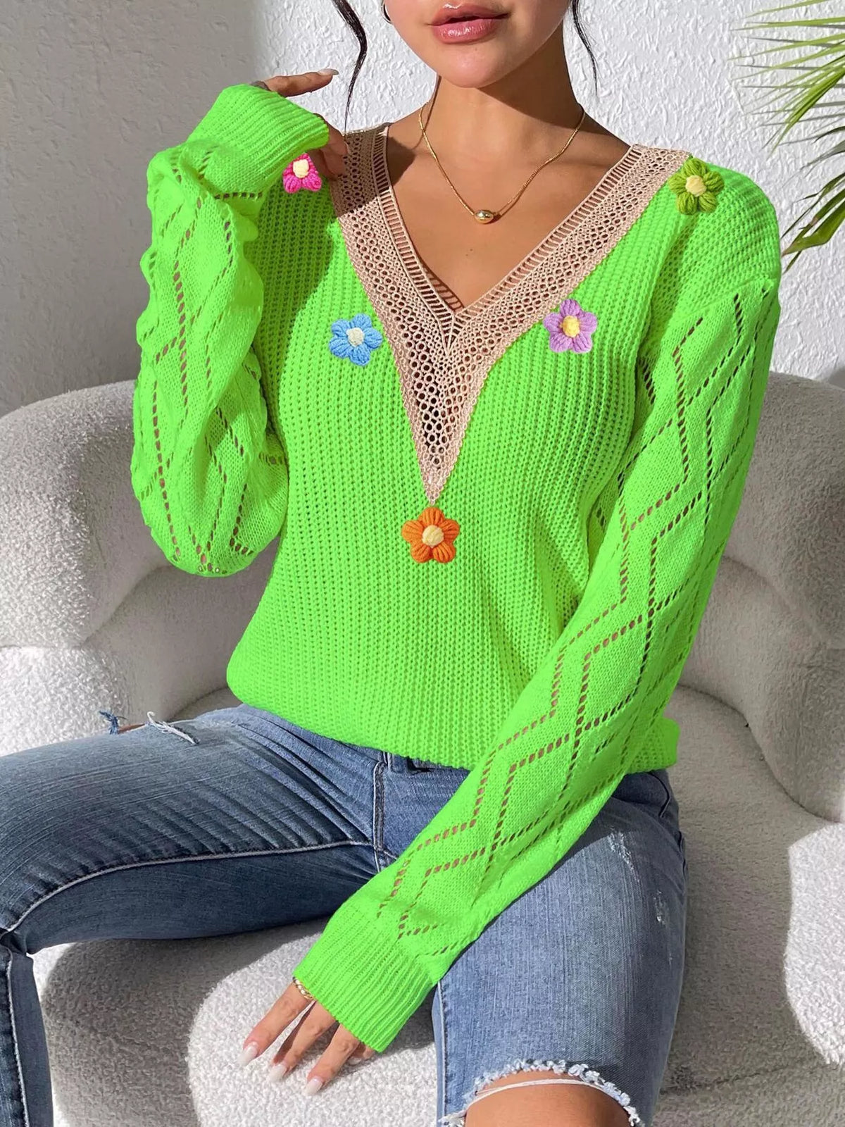 Green Floral Applique V-Neck Openwork Sweater seated view
