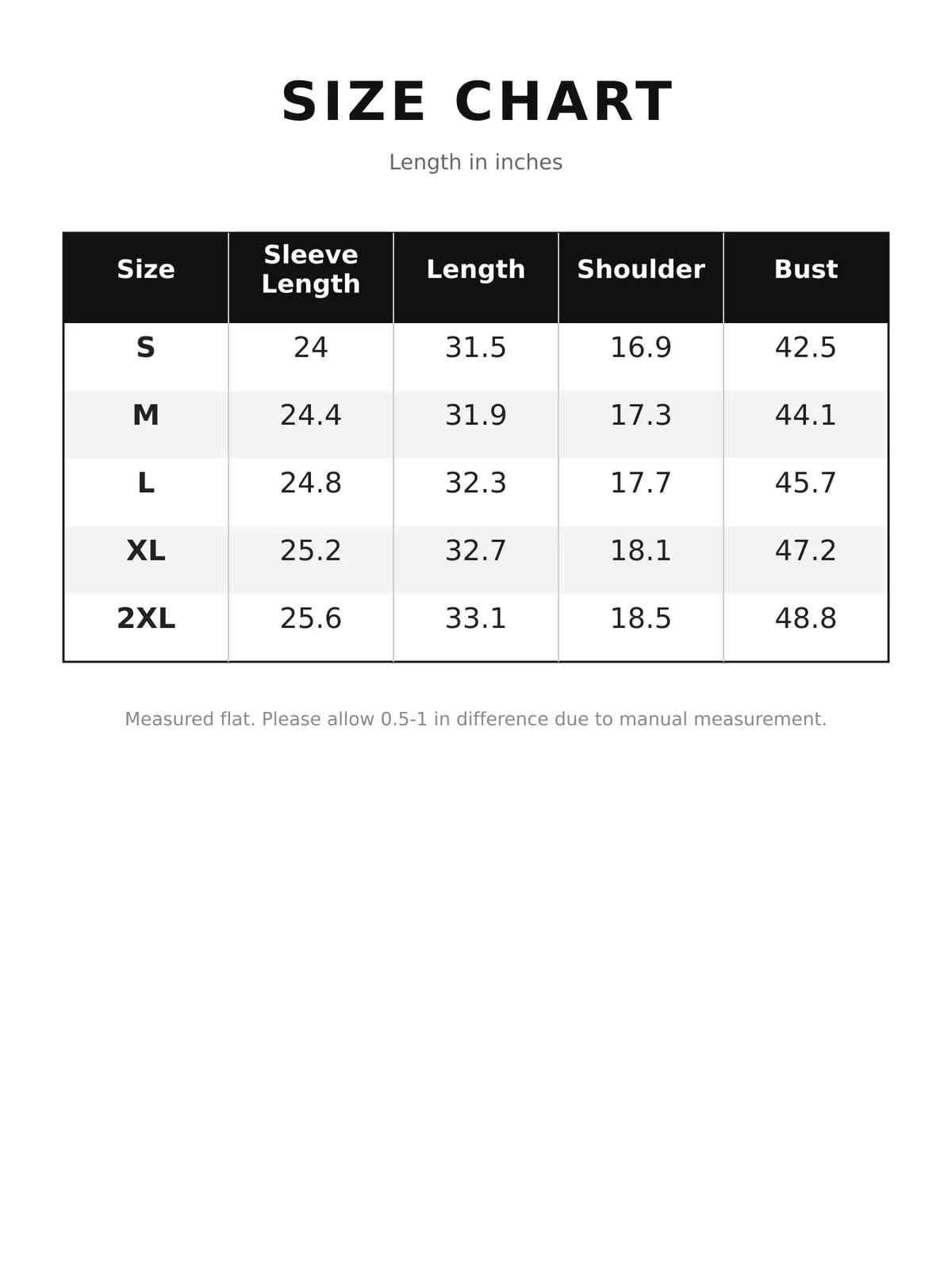Size chart for faux fur shaggy coat