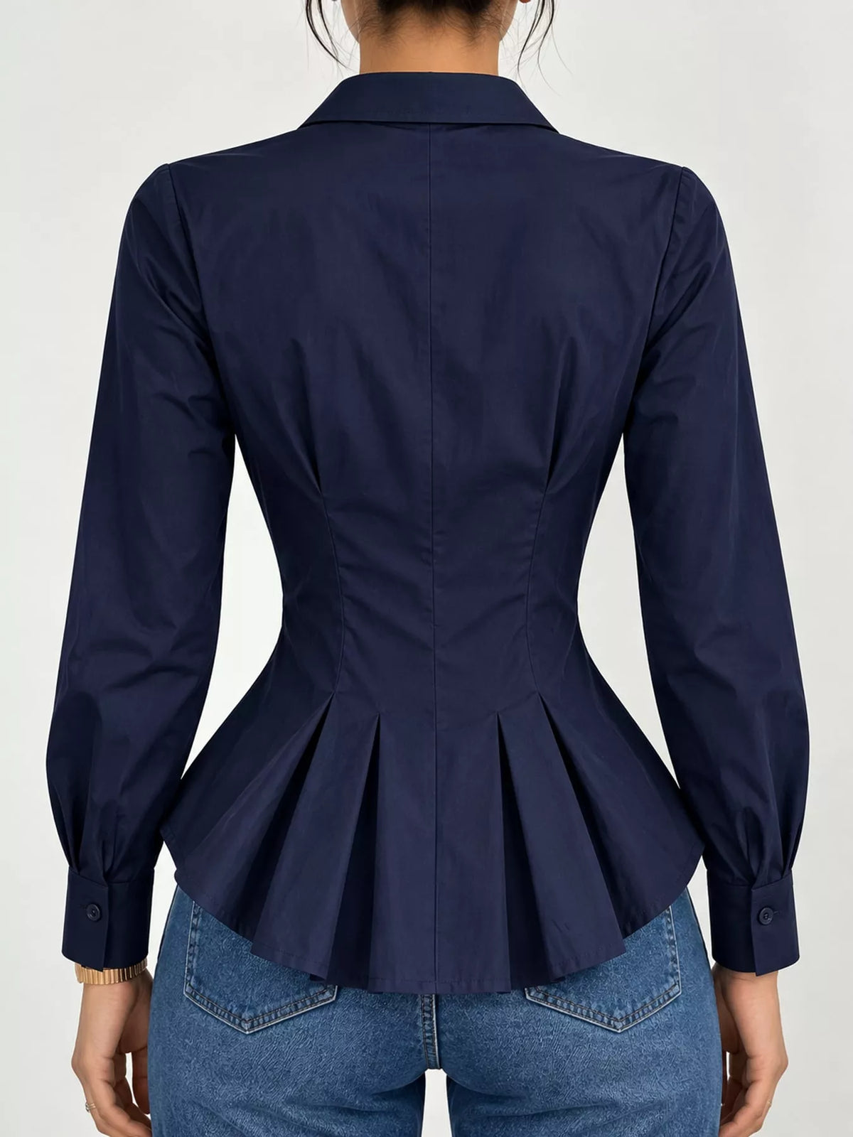 Button-Down Peplum Blouse with Fitted Waist, back view