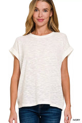 Trendsi Zenana Hacci Slub Rolled Up Sleeve Tee -