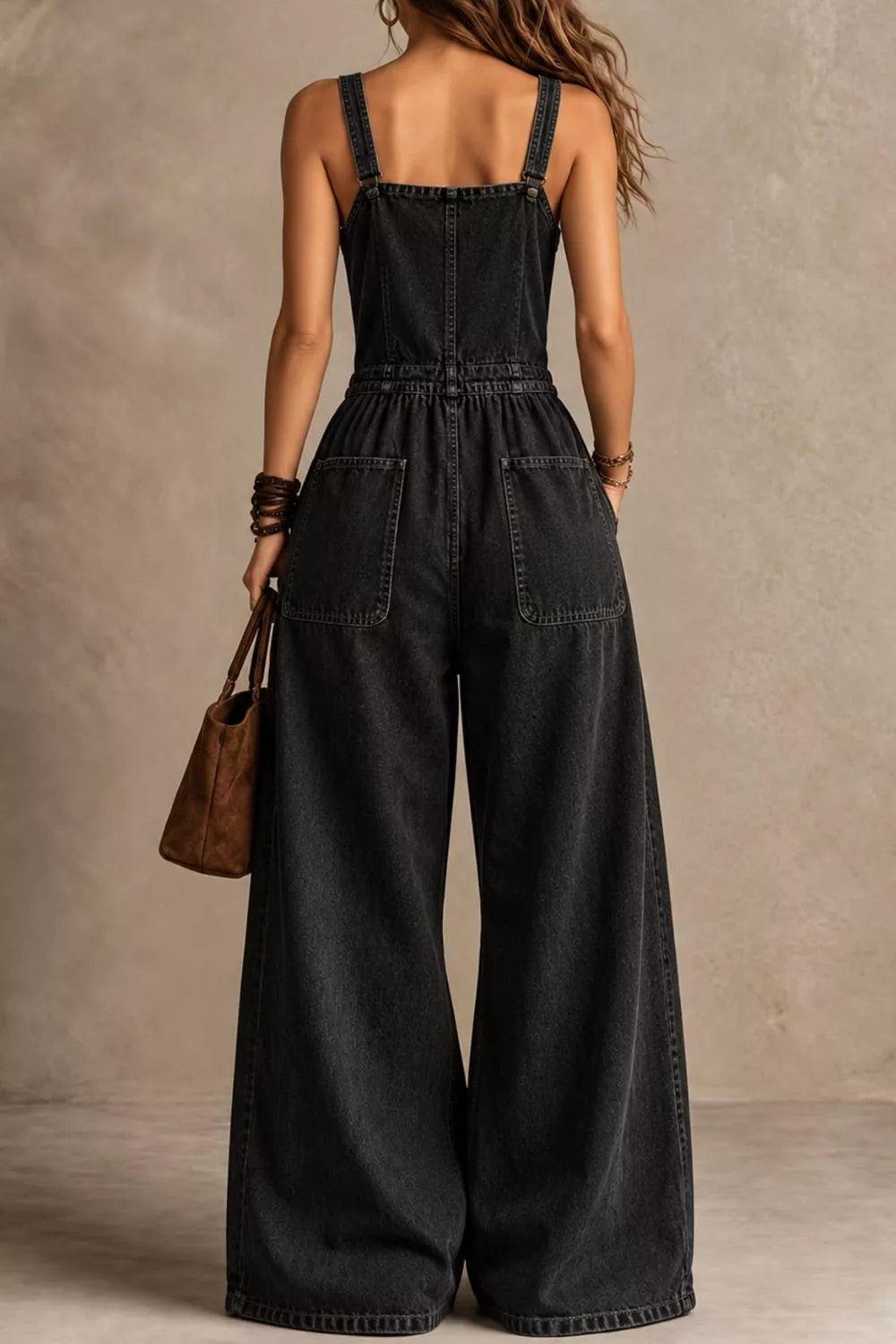 Vintage Wash Wide-Leg Denim Overalls with Pockets — back view