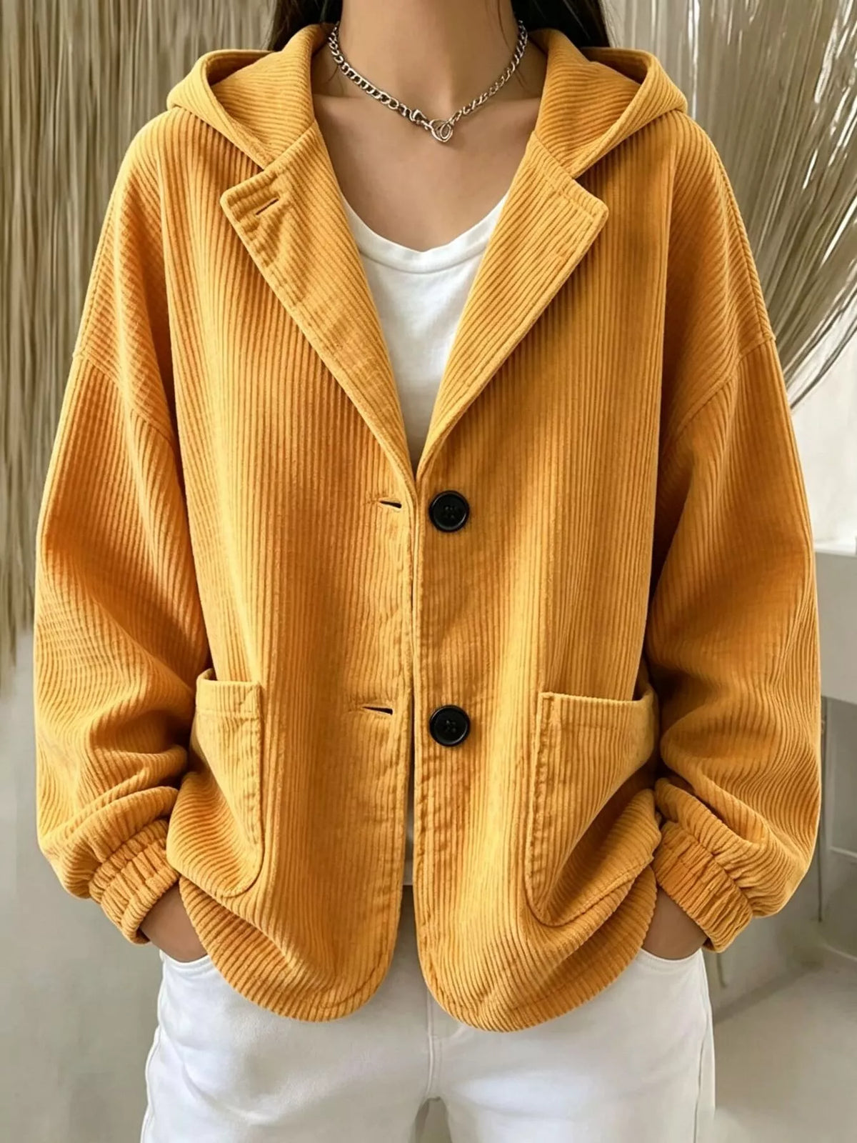Women's Corduroy Button Up Hooded Jacket in mustard — front view