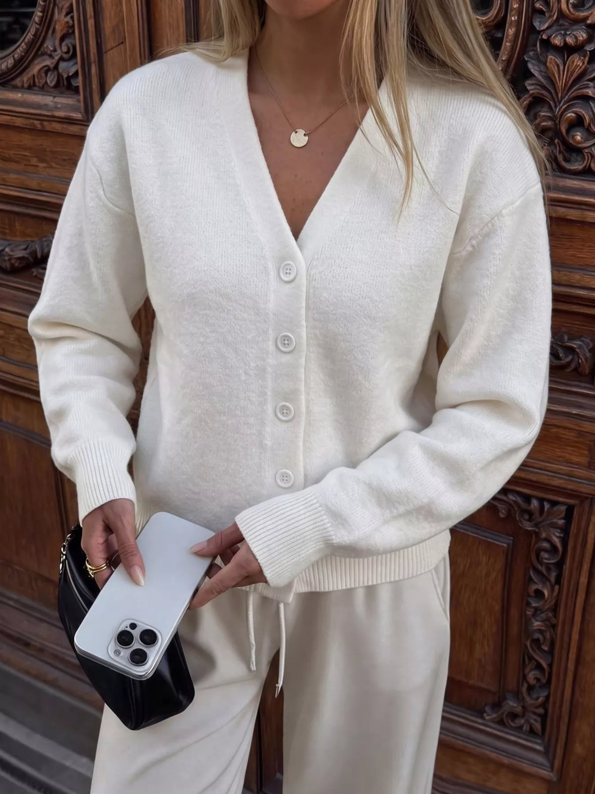 V-neck button-down knit cardigan