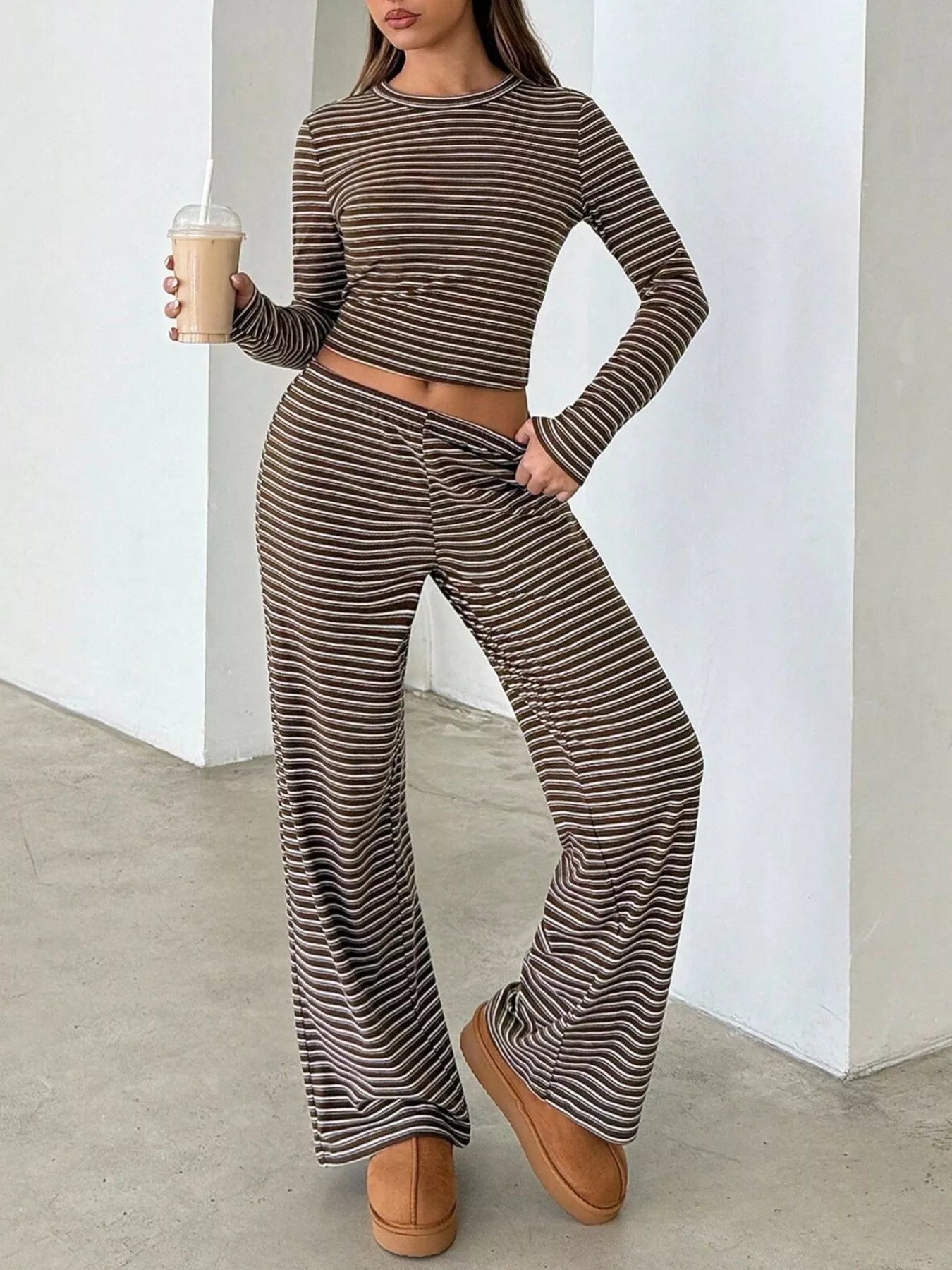 Trendsi Striped Long Sleeve Crop Top and Wide Leg Pants Two-Piece Set -