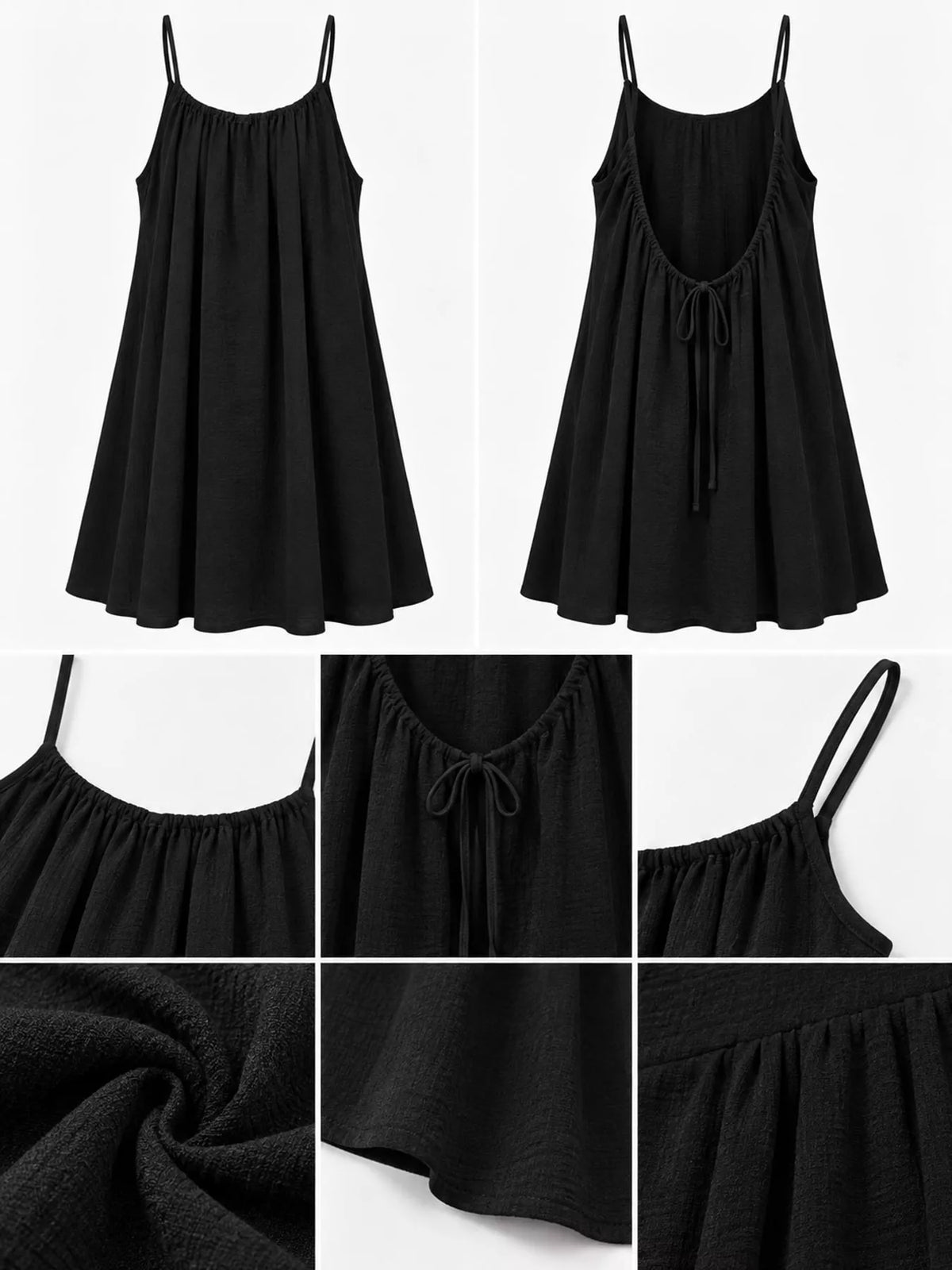 Black spaghetti strap A-line mini dress with open tie back, front, back and construction details