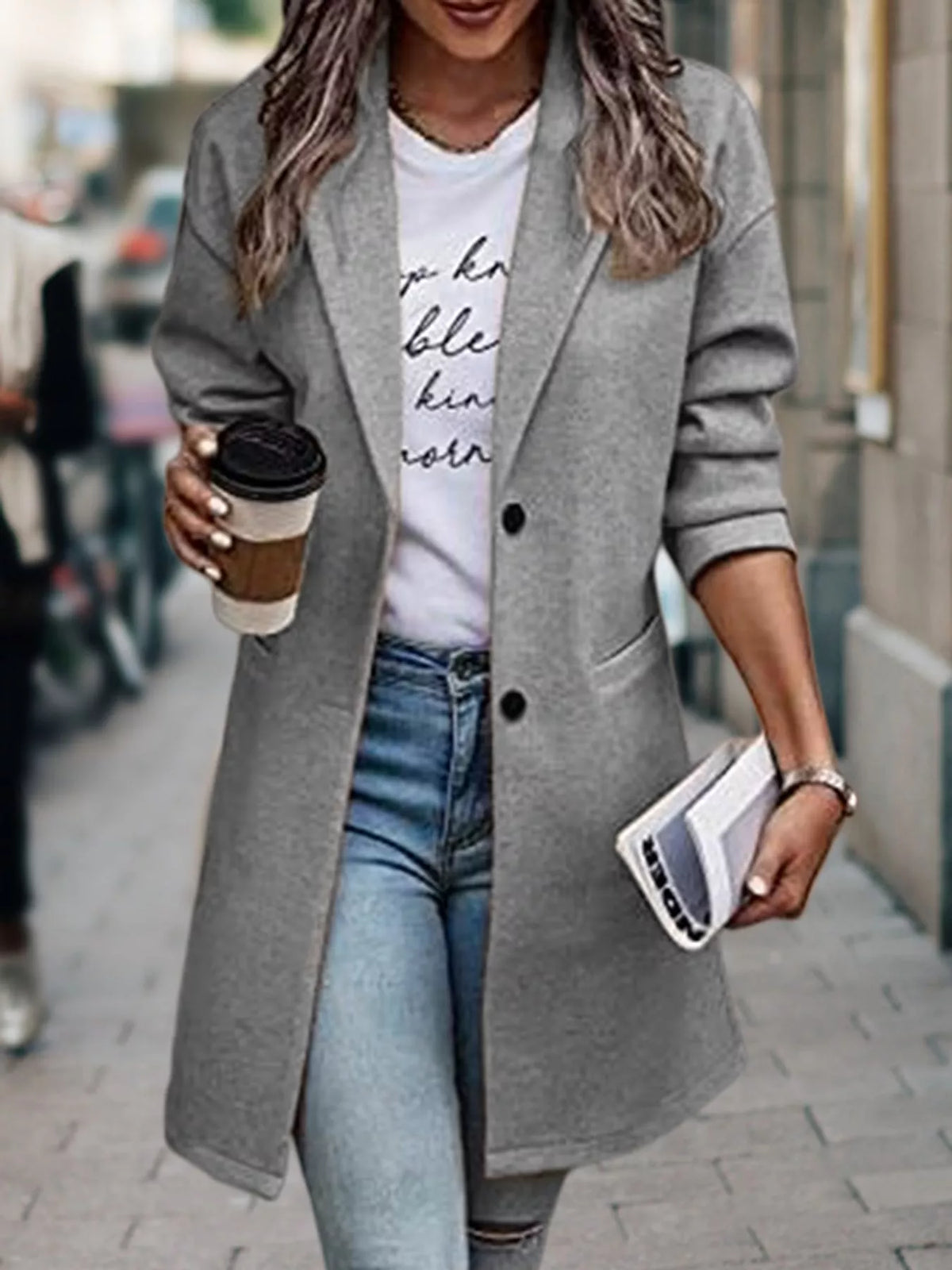 Gray lapel collar button-up coat