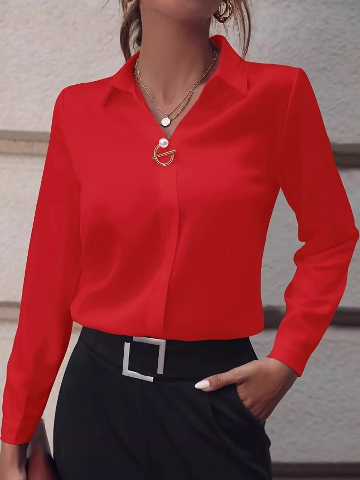 Women's Collared Clasp Detail Long Sleeve Satin Blouse in red — front view