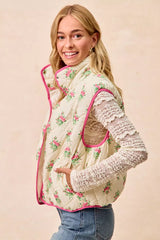 Trendsi BiBi Floral Print Piping Detail Quilted Vest -