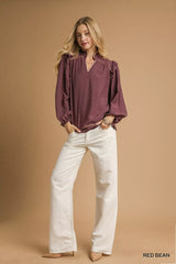 Trendsi Umgee Ruffle Shoulder Long Sleeve Blouse -