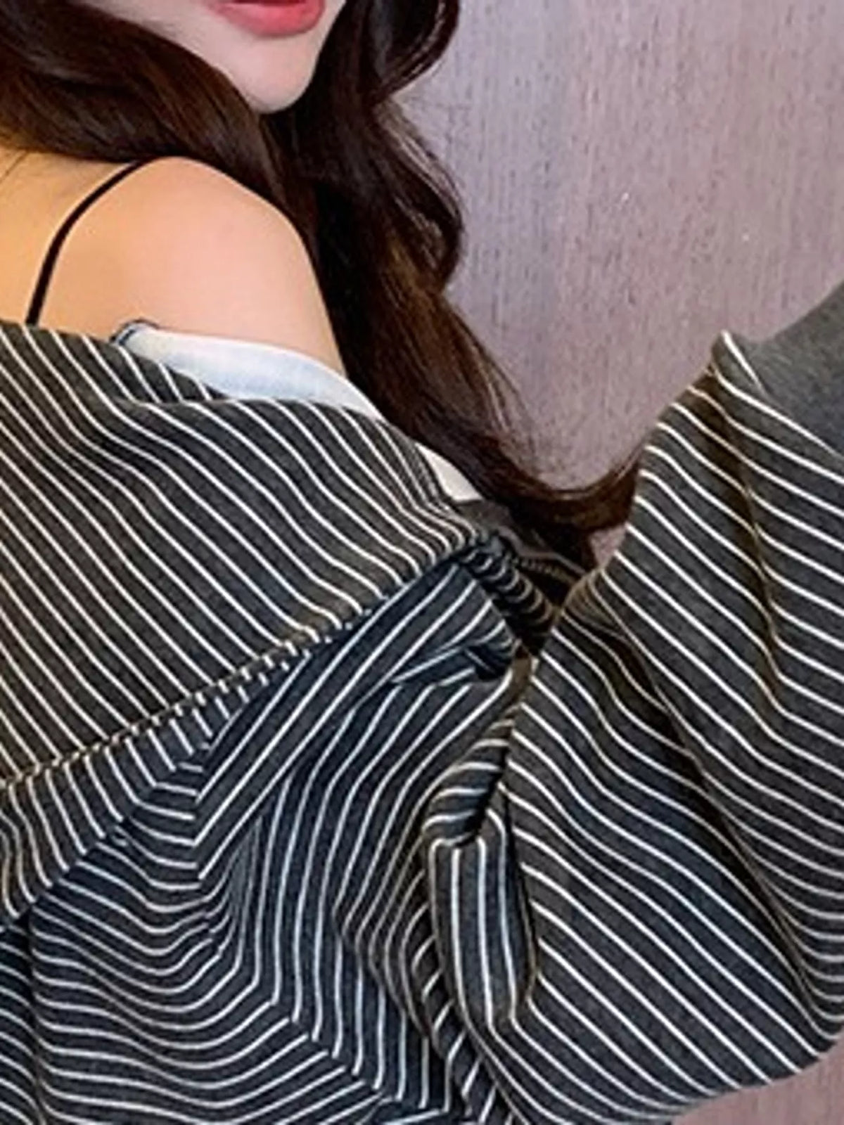 Charcoal and white striped zip-up hoodie, striped shoulder seam and hood