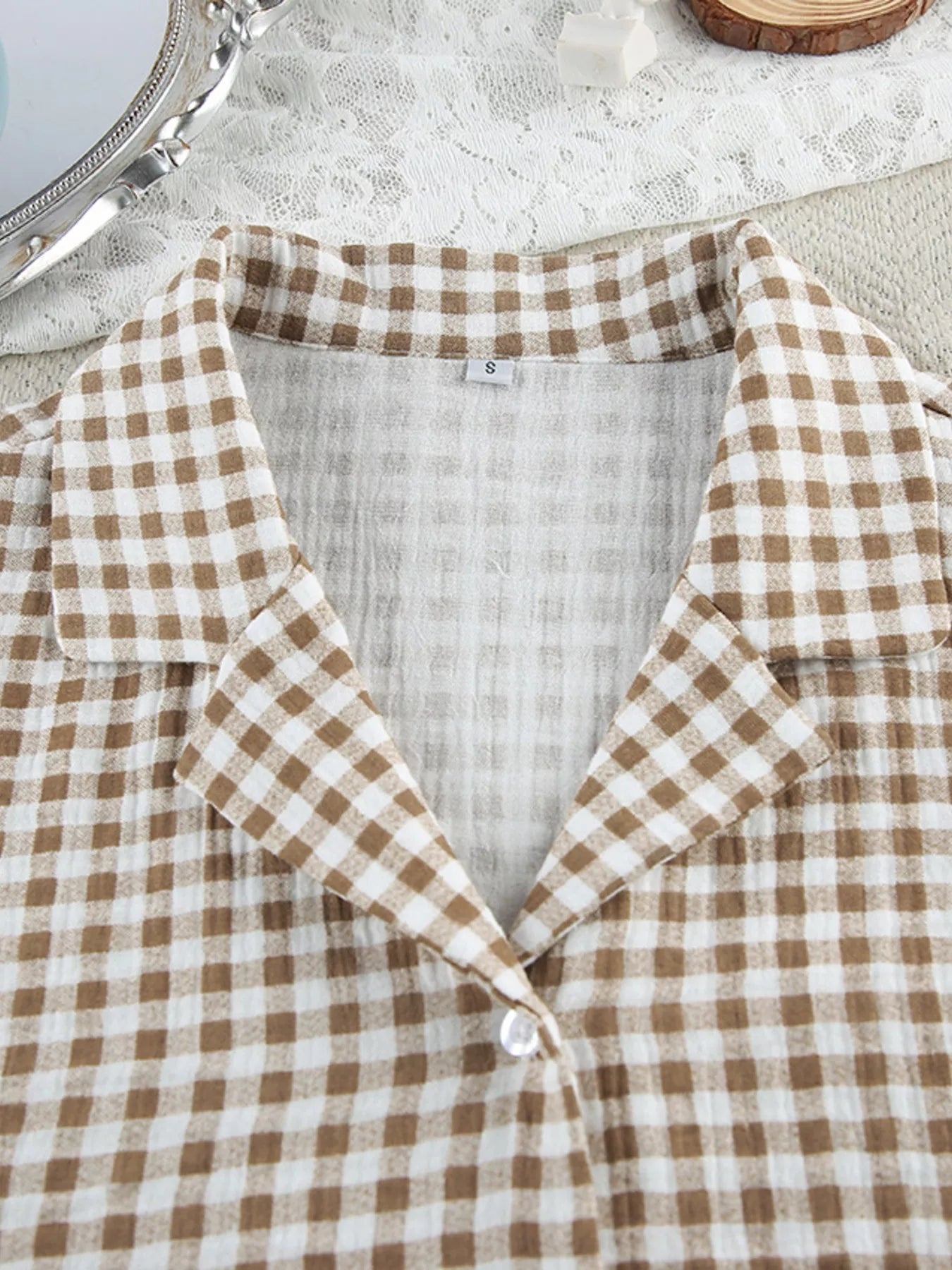 Trendsi Gingham Ruffle-Trim Top and Pants Lounge Set -